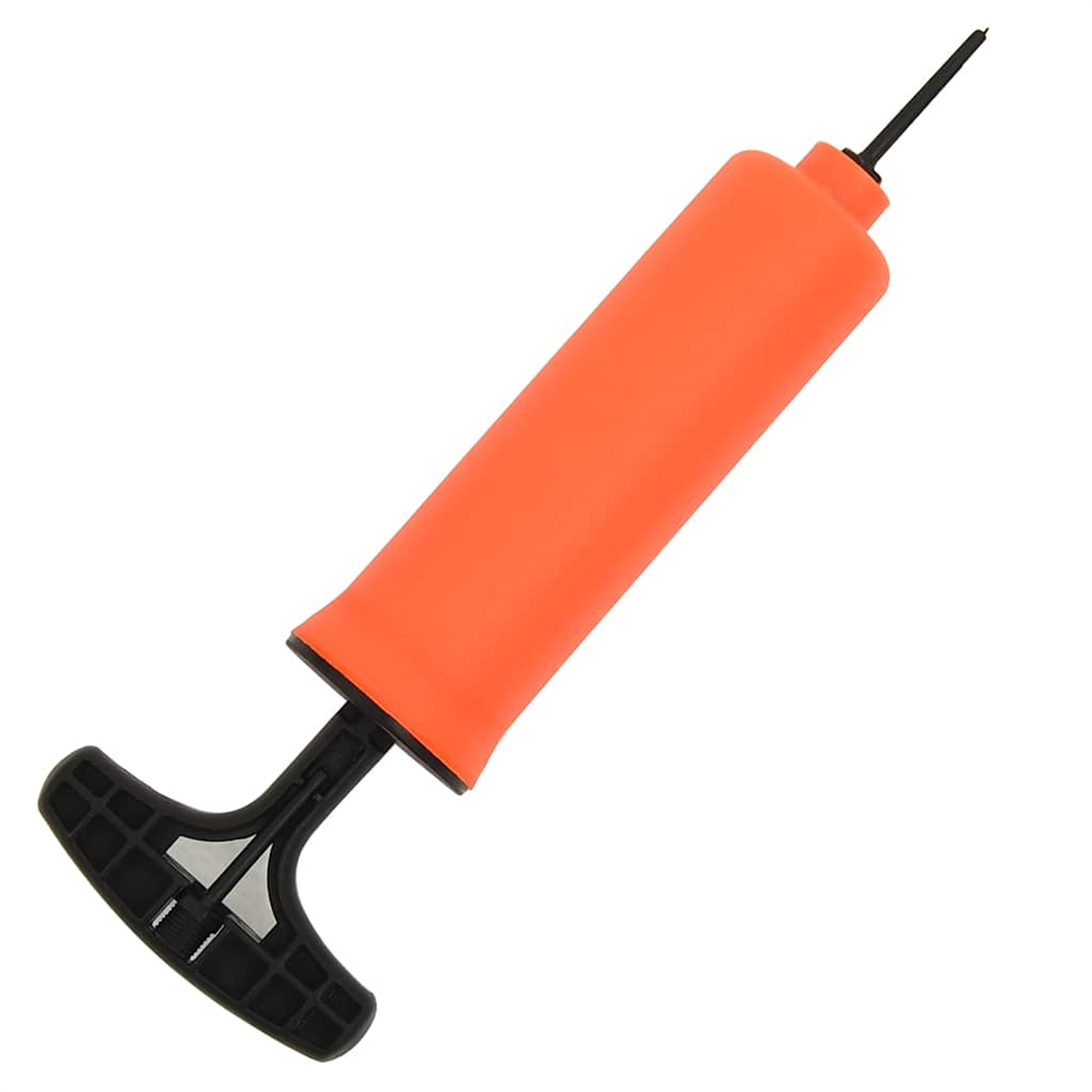 Eine orangefarbene und schwarze Handpumpe. Der Griff ist schwarz, der Körper orange.