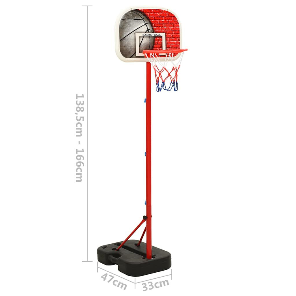 Ein rot-schwarzer Basketballkorb mit Maßen: 138,5 cm-166 cm Höhe, 47 cm Basisbreite und 33 cm Basistiefe.