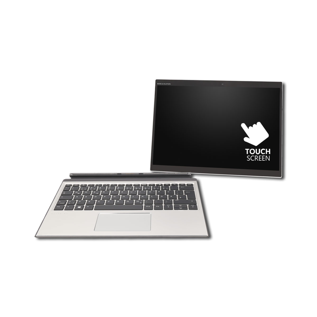 Ein Laptop mit Touchscreen und Tastatur. Weißer Hintergrund.