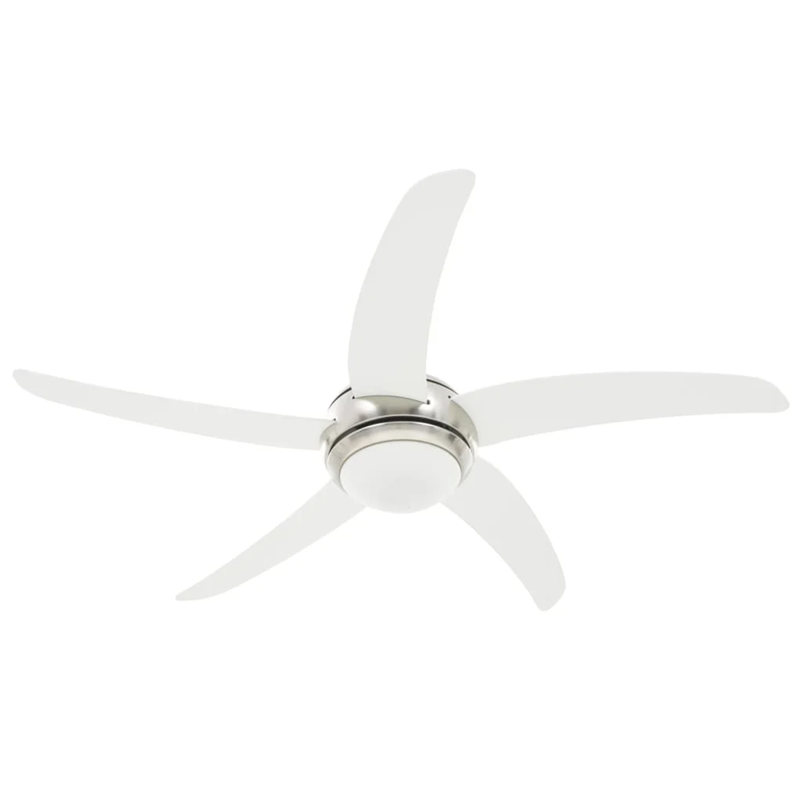 Weißer Deckenventilator mit fünf Blättern und zentralem Licht.