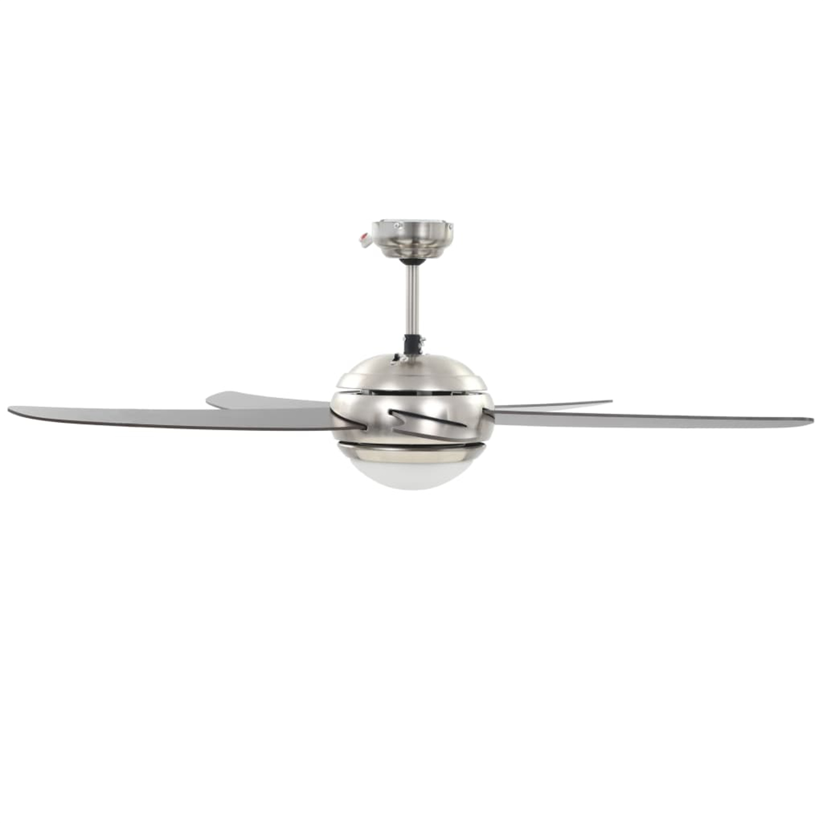 Deckenventilator mit silbernem Sockel und zwei Flügeln. Der Hintergrund ist schlicht weiß.