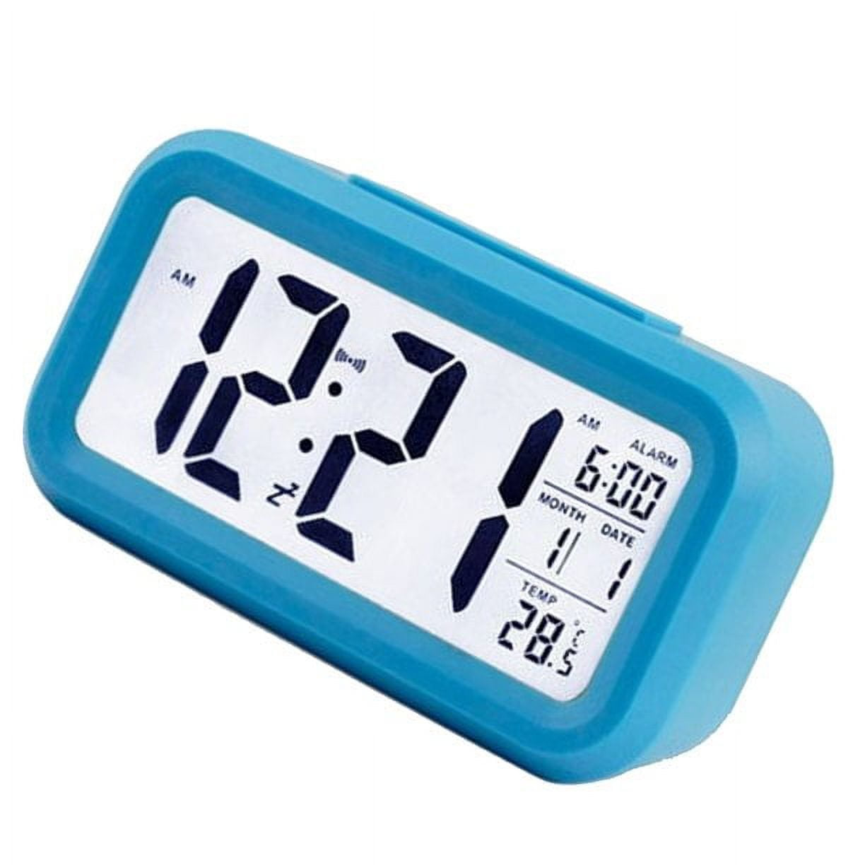 Ein blauer digitaler Wecker, der Zeit, Datum und Temperatur anzeigt.