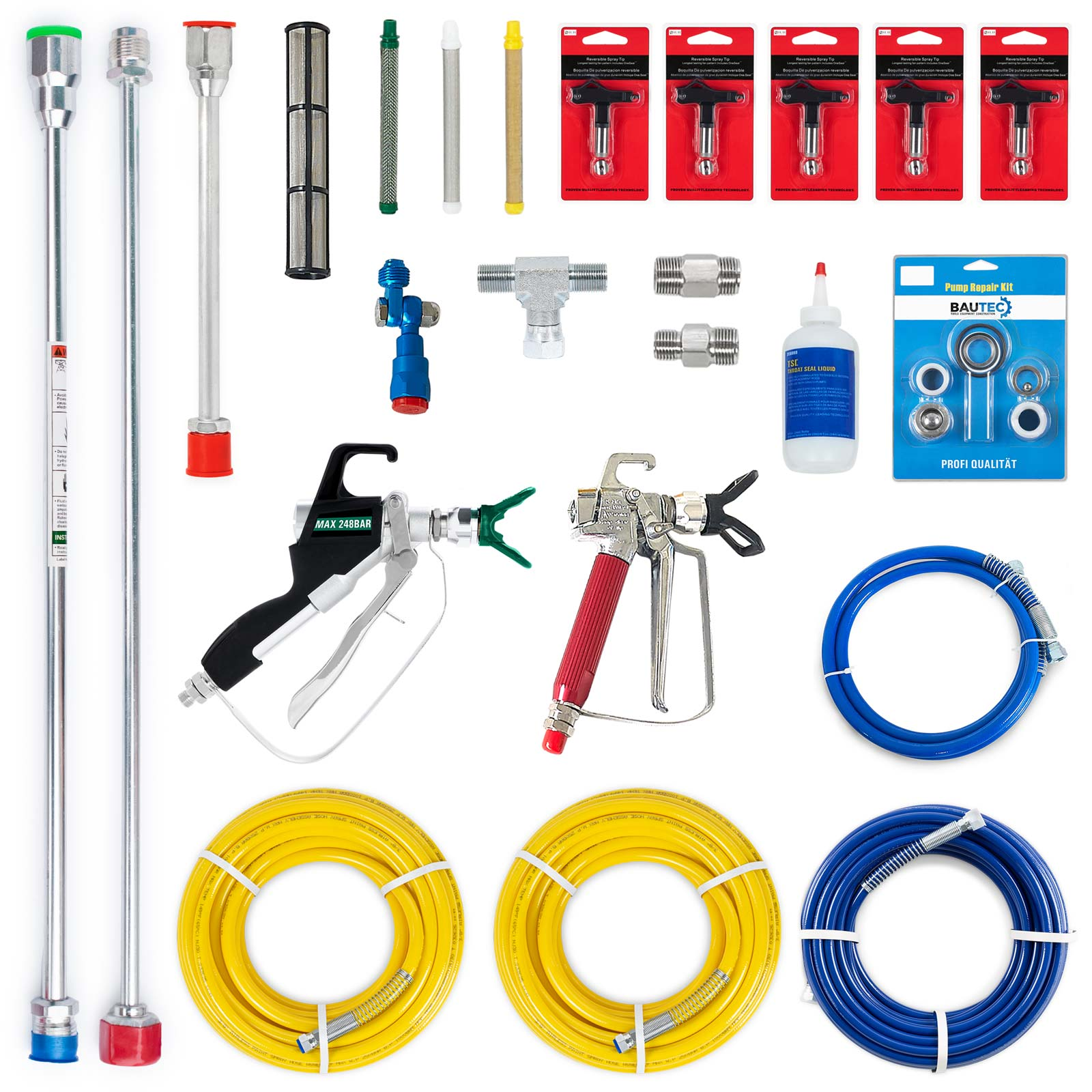 Verschiedene Spritzpistolen-Teile, darunter Düsen, Filter, Schläuche und Reparatur-Kits.