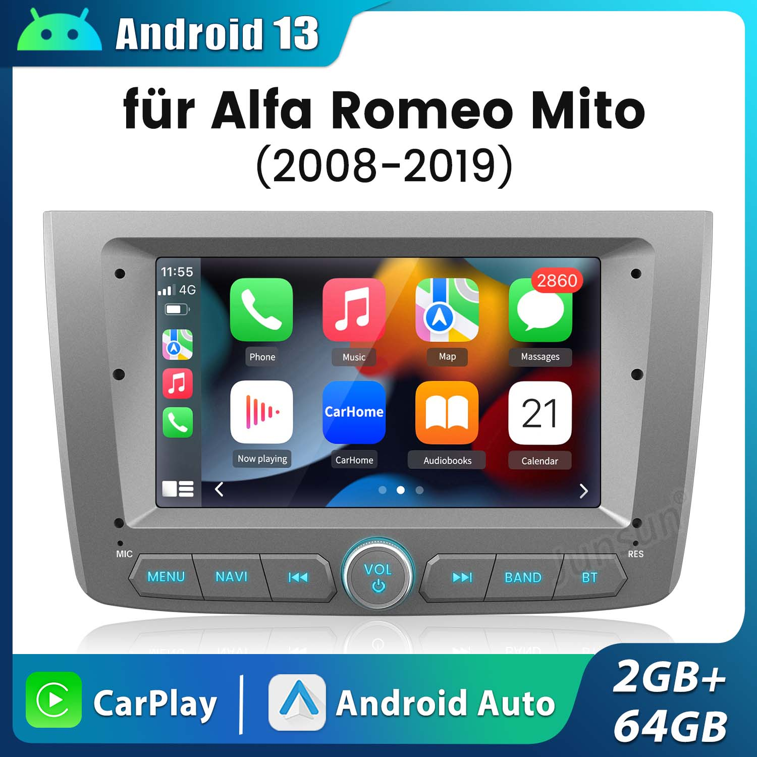 Autoradio per Alfa Romeo Mito. Schermo tattile con icone delle app. Cornice nera.