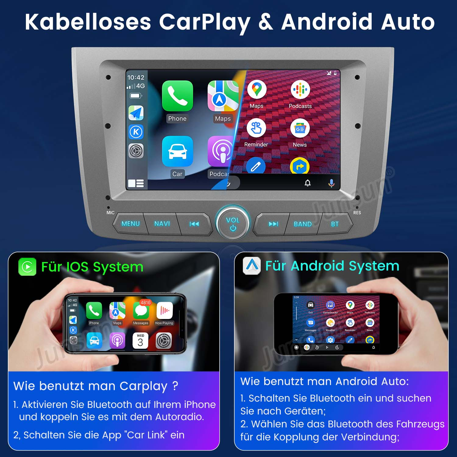 Schermo di infotainment per auto con app per telefono, mappe e musica, con esempi iOS e Android.