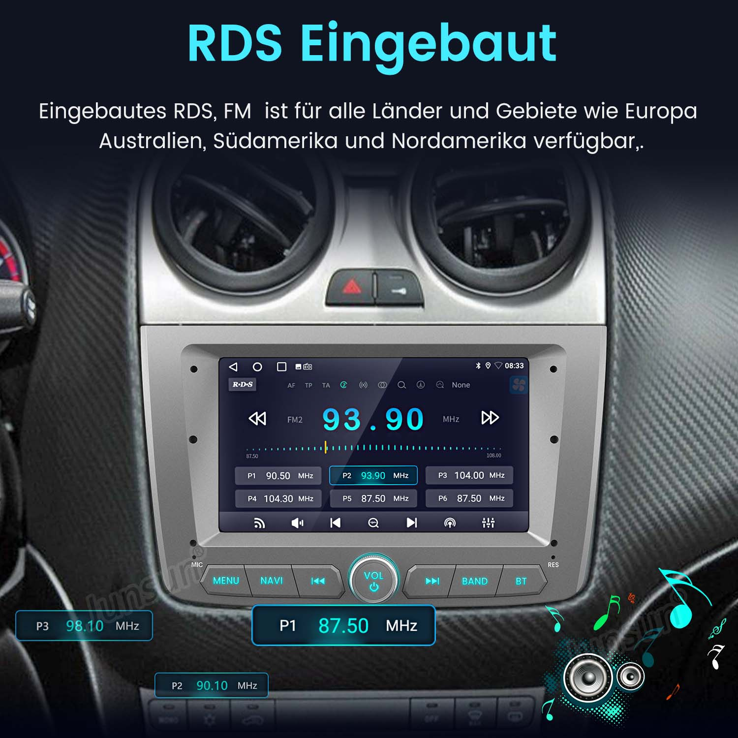 Schermo del sistema audio per auto che mostra le informazioni radio. Sfondo nero del cruscotto.