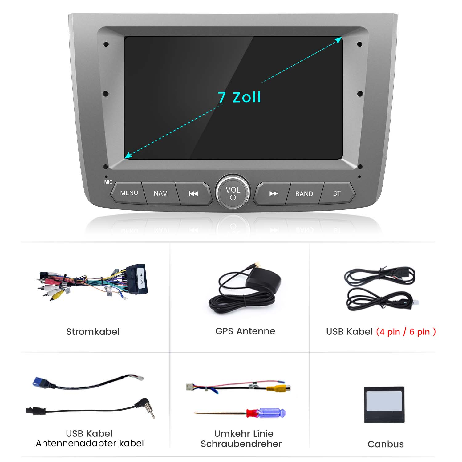 Autoradio con un grande display, pulsanti del menu e vari cavi e accessori disposti intorno.