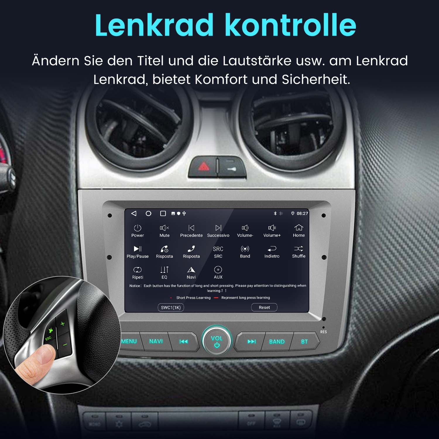 Cruscotto auto con schermo che mostra le impostazioni. Una mano usa i comandi al volante.