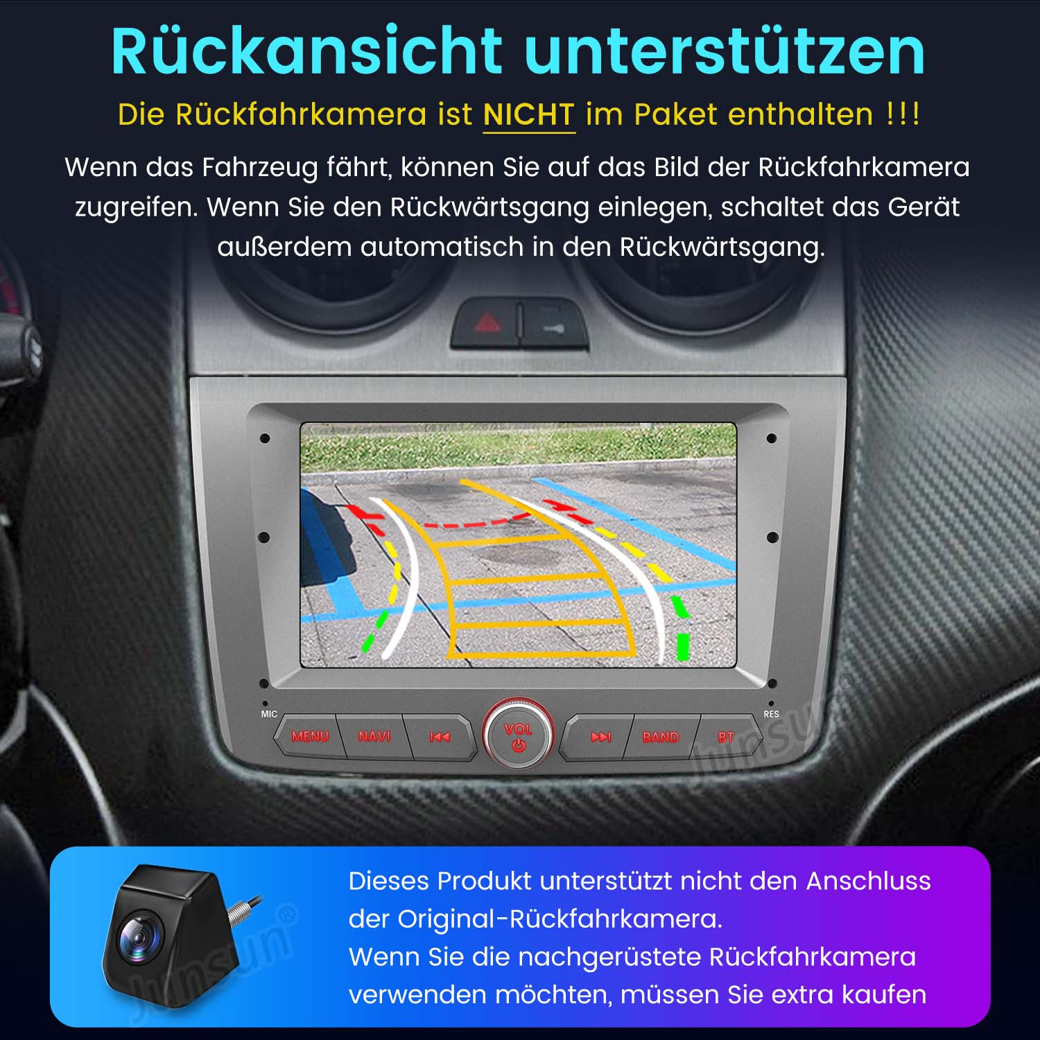 Cruscotto auto con schermo che mostra parcheggio e telecamera.