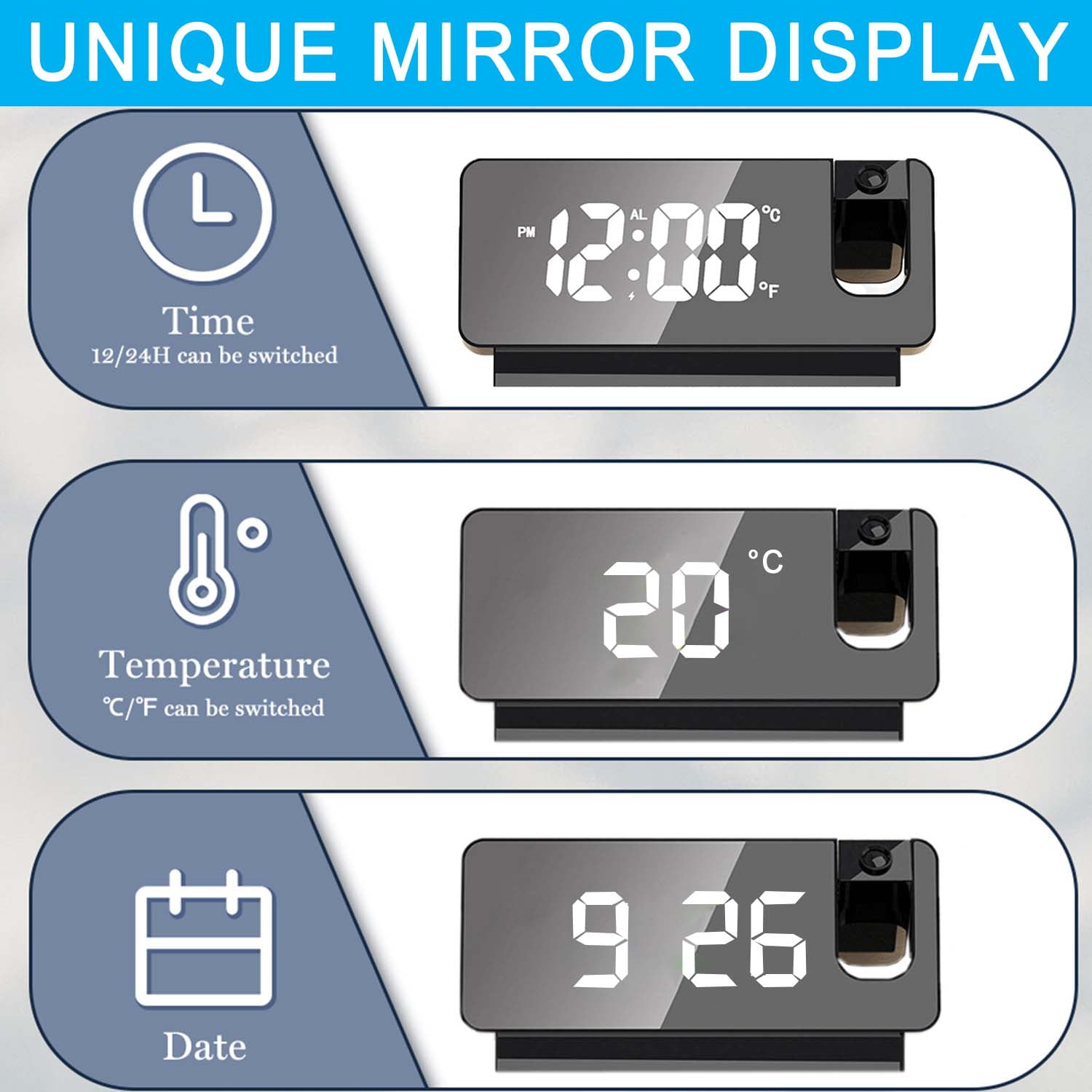 Eine digitale Spiegelanzeige mit Zeit, Temperatur und Datum in weißen Ziffern auf dunklem Hintergrund.