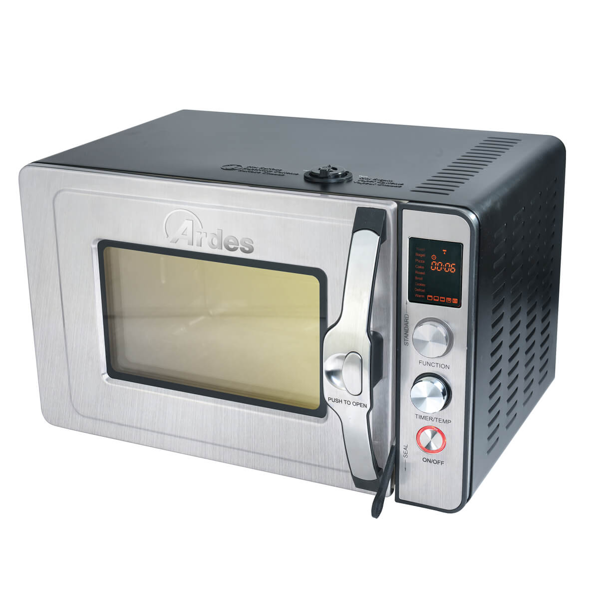 Piekarnik do tostów ze stali nierdzewnej z elementami sterującymi i uchwytem, na białym tle.