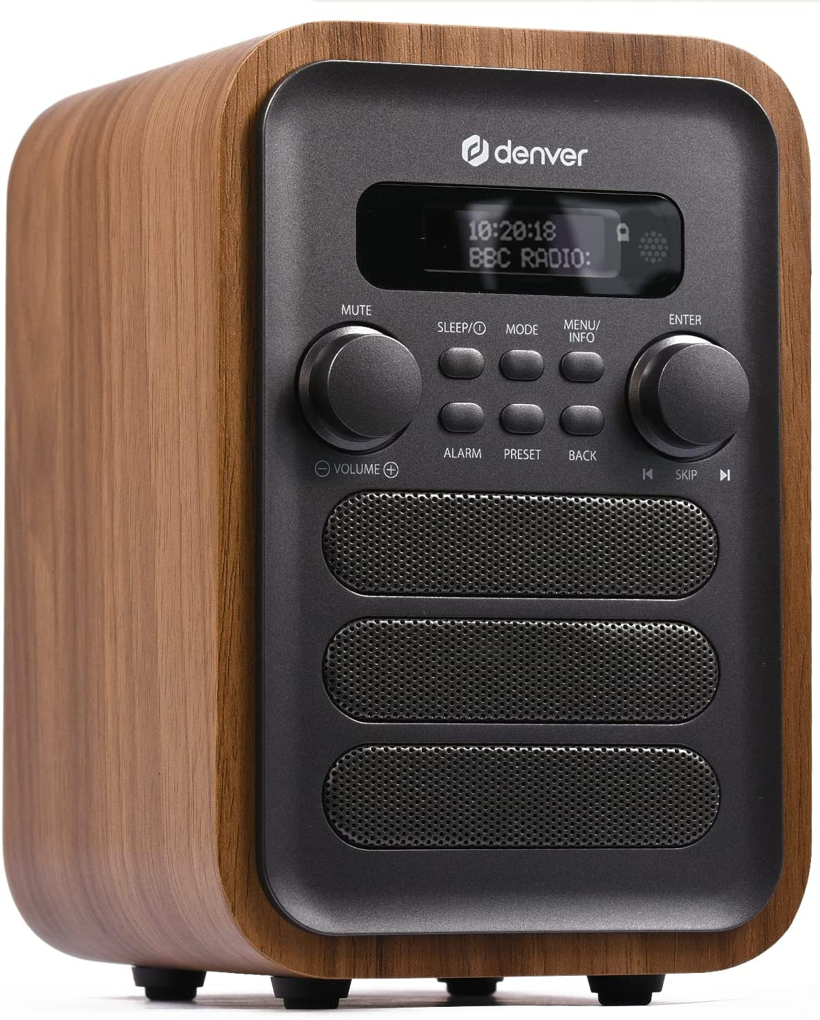 Drewniane radio Denver z czarnym przodem. Wyświetlacz cyfrowy, przyciski i kratki głośników.
