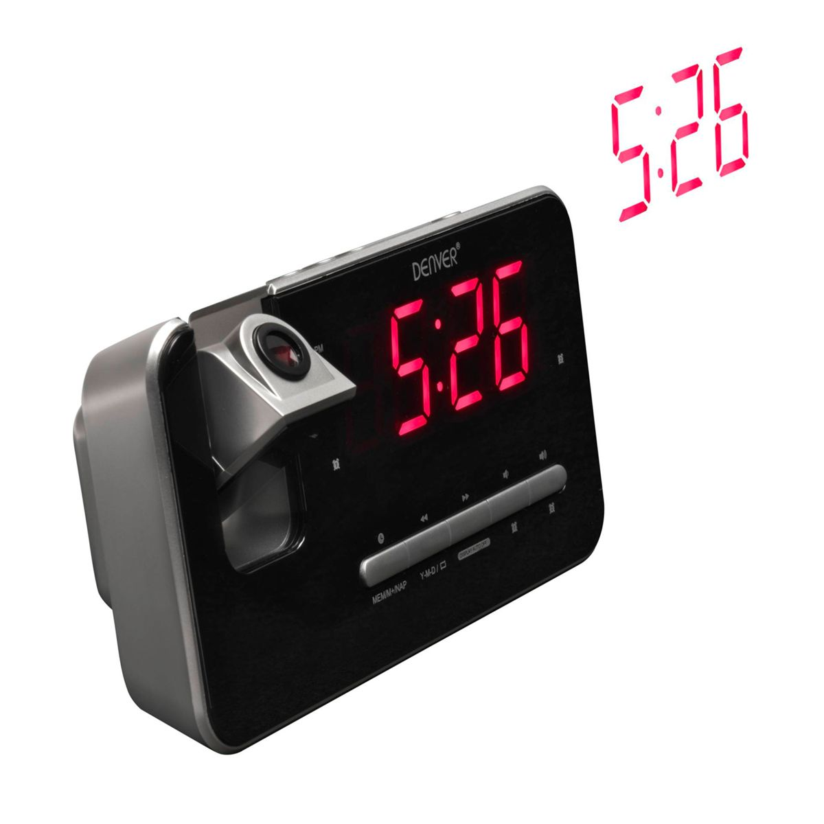 Denver digital alarm clock. Shows time 5:26 in red. Has a projection display.