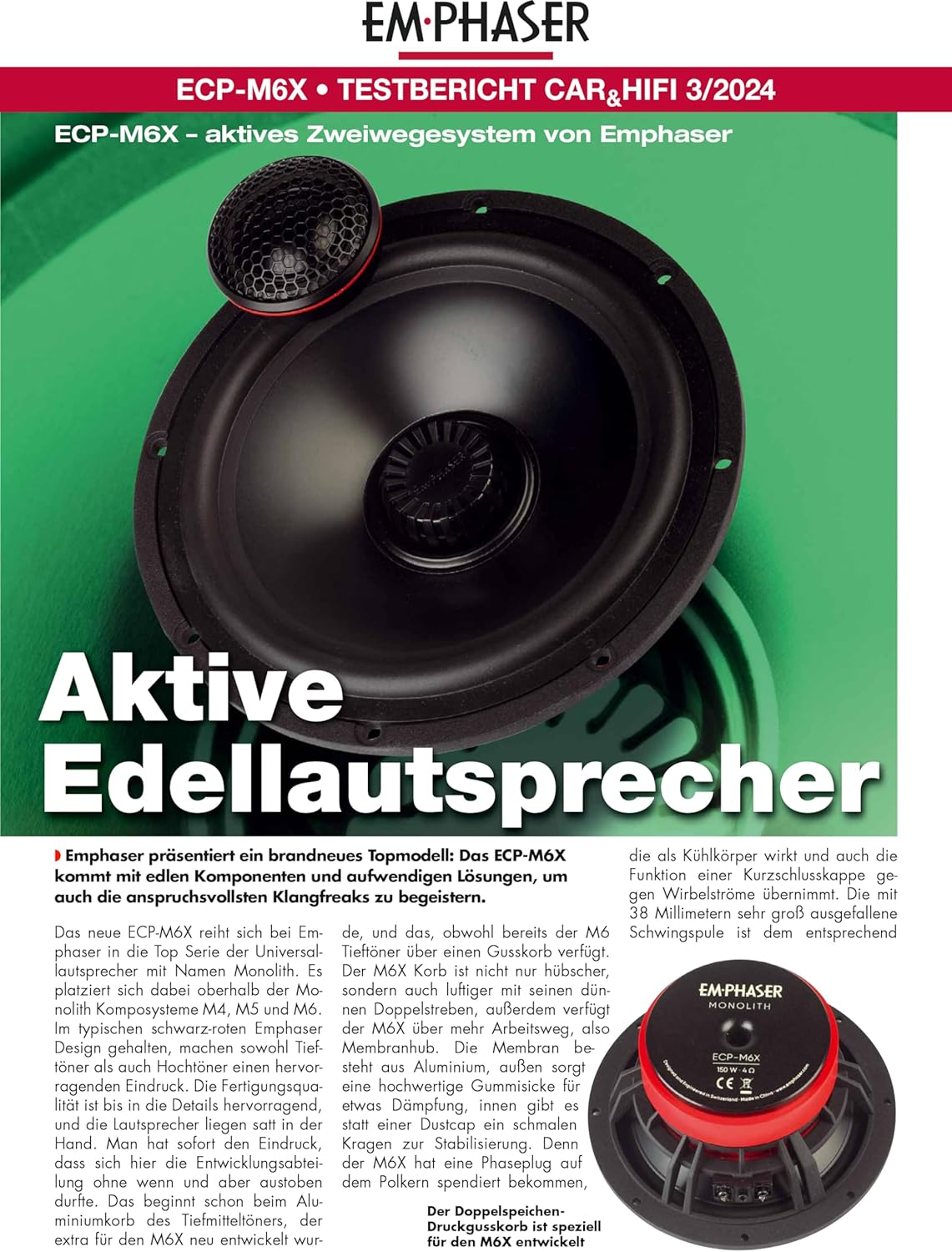 Zeitschriftenseite mit Lautsprecher und Text, die Produktdetails zeigt.