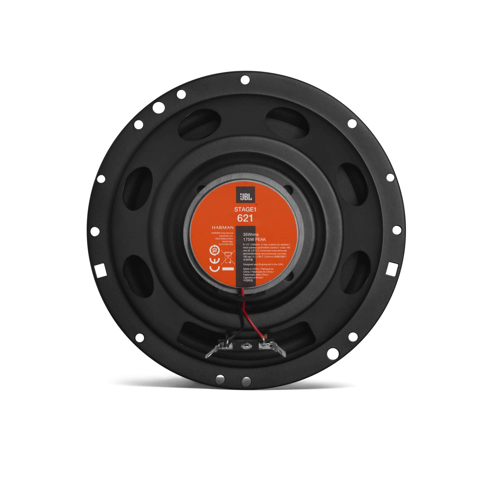 Un haut-parleur JBL noir avec des détails centraux orange. Le haut-parleur a plusieurs trous de vis autour du bord.