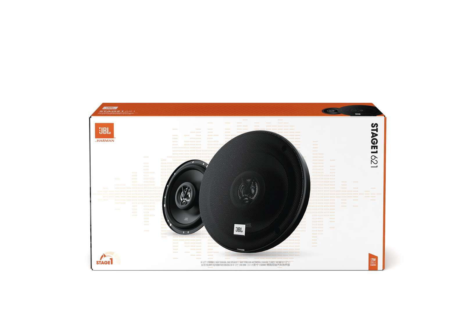 Une boîte d'enceintes JBL, avec deux enceintes visibles. La boîte est blanche, avec le logo JBL.