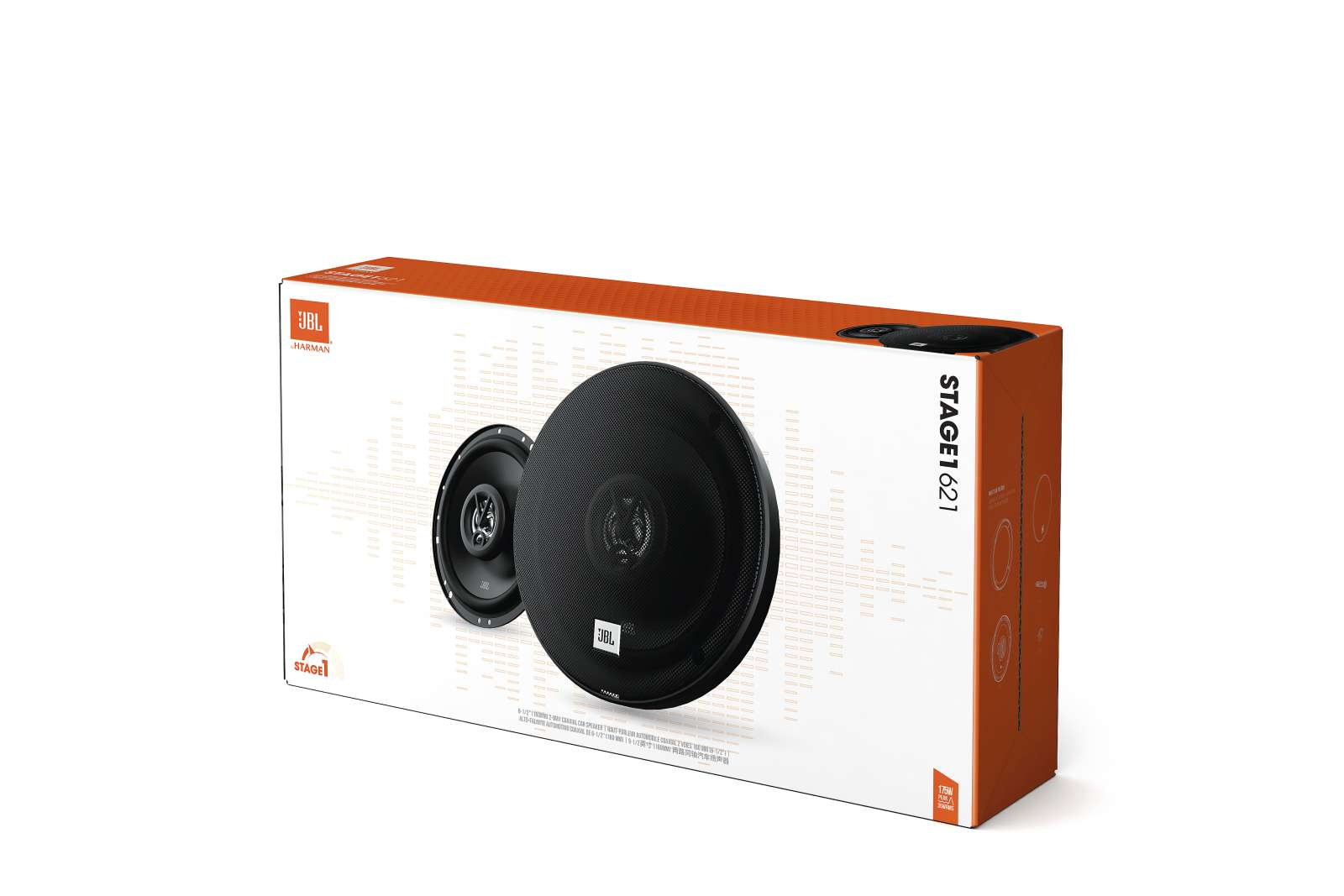 Boîte d'enceintes avec deux haut-parleurs à l'intérieur. La boîte est blanche et orange. Logo JBL Harman visible.