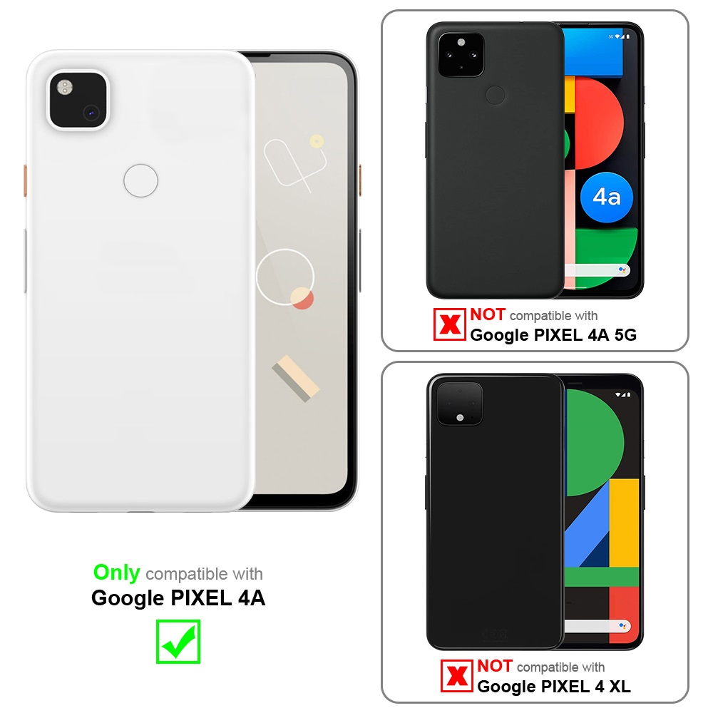 Custodie per telefono bianche e nere con un telefono e la scritta 'Solo compatibile con Google PIXEL 4A'.
