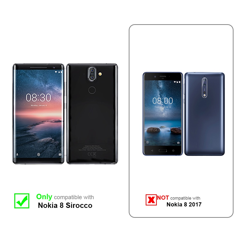 Due telefoni, uno nero, uno blu. Il telefono nero è compatibile con Nokia Sirocco.