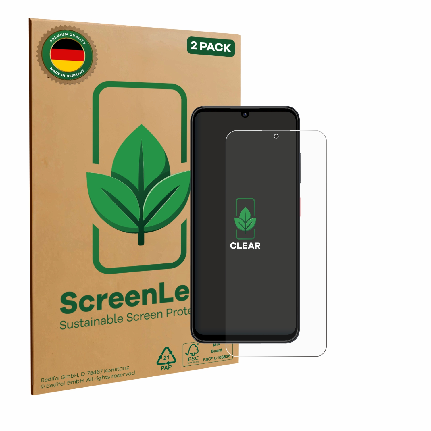 Smartphone mit Displayschutzbox und klarem Displayschutz.