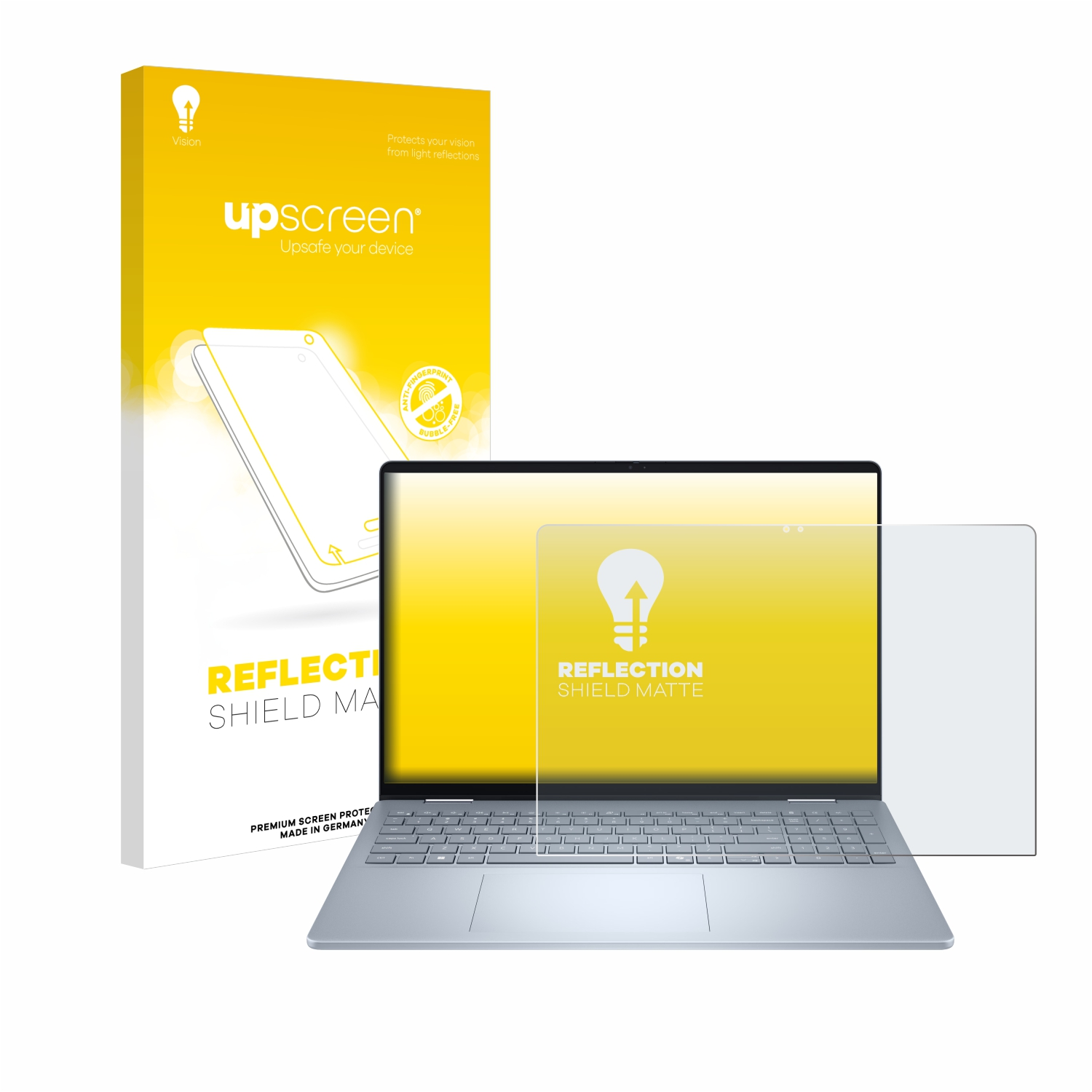 Laptop mit Displayschutz und Verpackung. Gelb-weiße Box mit Laptop-Umriss. Hintergrund: weiß.