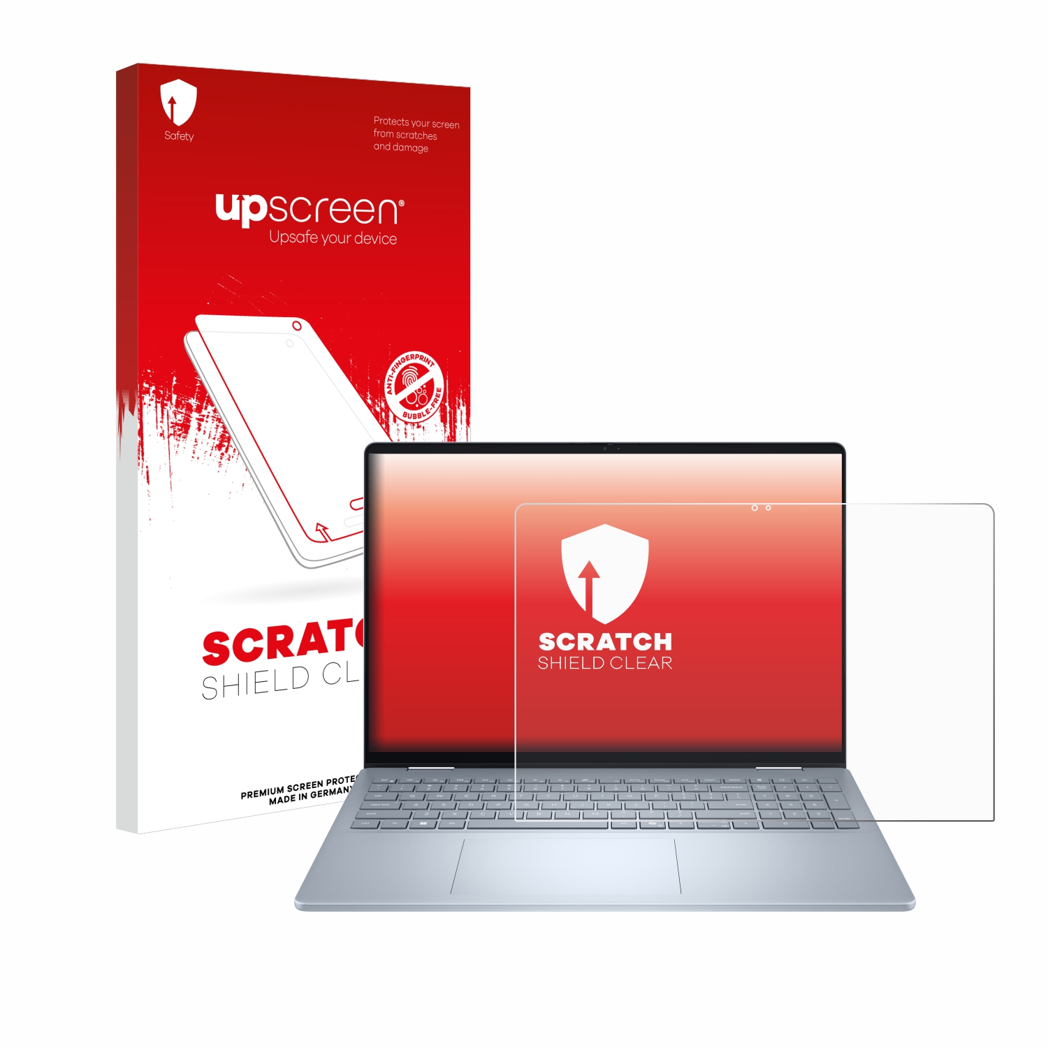 Laptop mit Displayschutzfolie und Box. Weißer Hintergrund. Schutzfolie hat eine Pfeilgrafik.