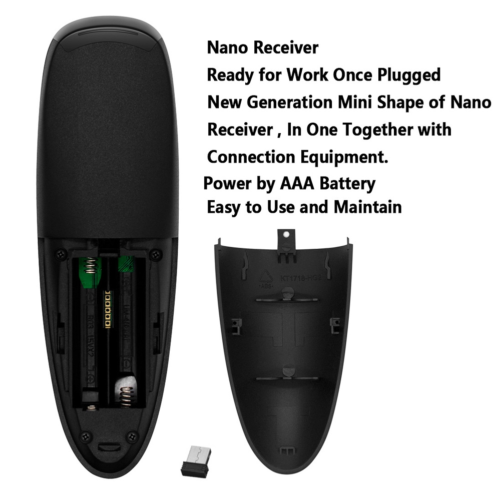 Eine Fernbedienung mit geöffnetem Batteriefach, das Batterien zeigt, und einem USB-Empfänger.