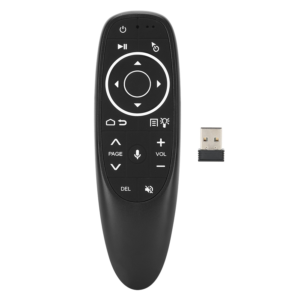 Eine schwarze Fernbedienung mit vielen Tasten und einem USB-Empfänger daneben.