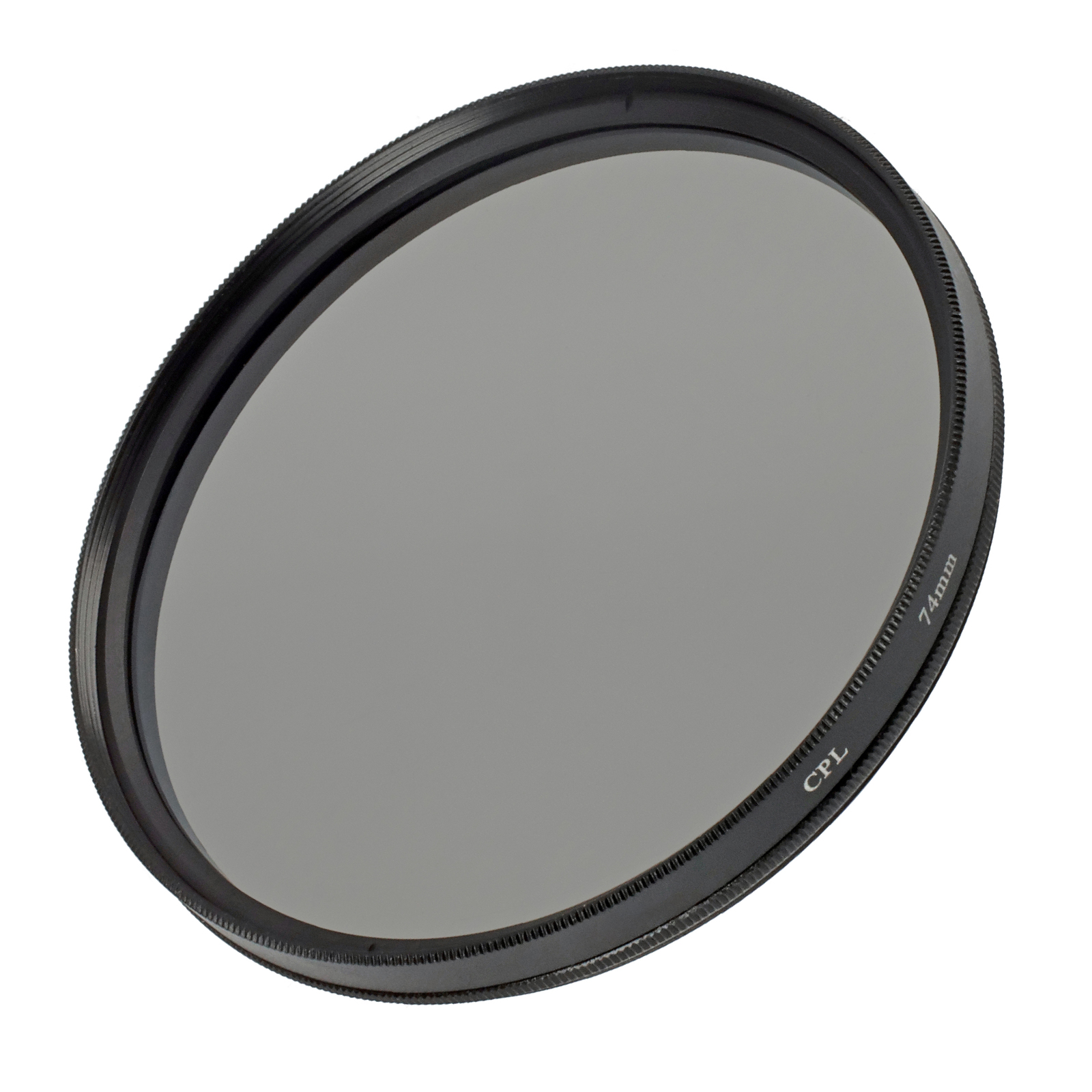 Ein kreisförmiger schwarzer Kameraobjektivfilter mit drehbarem Ring und 74mm-Markierung.