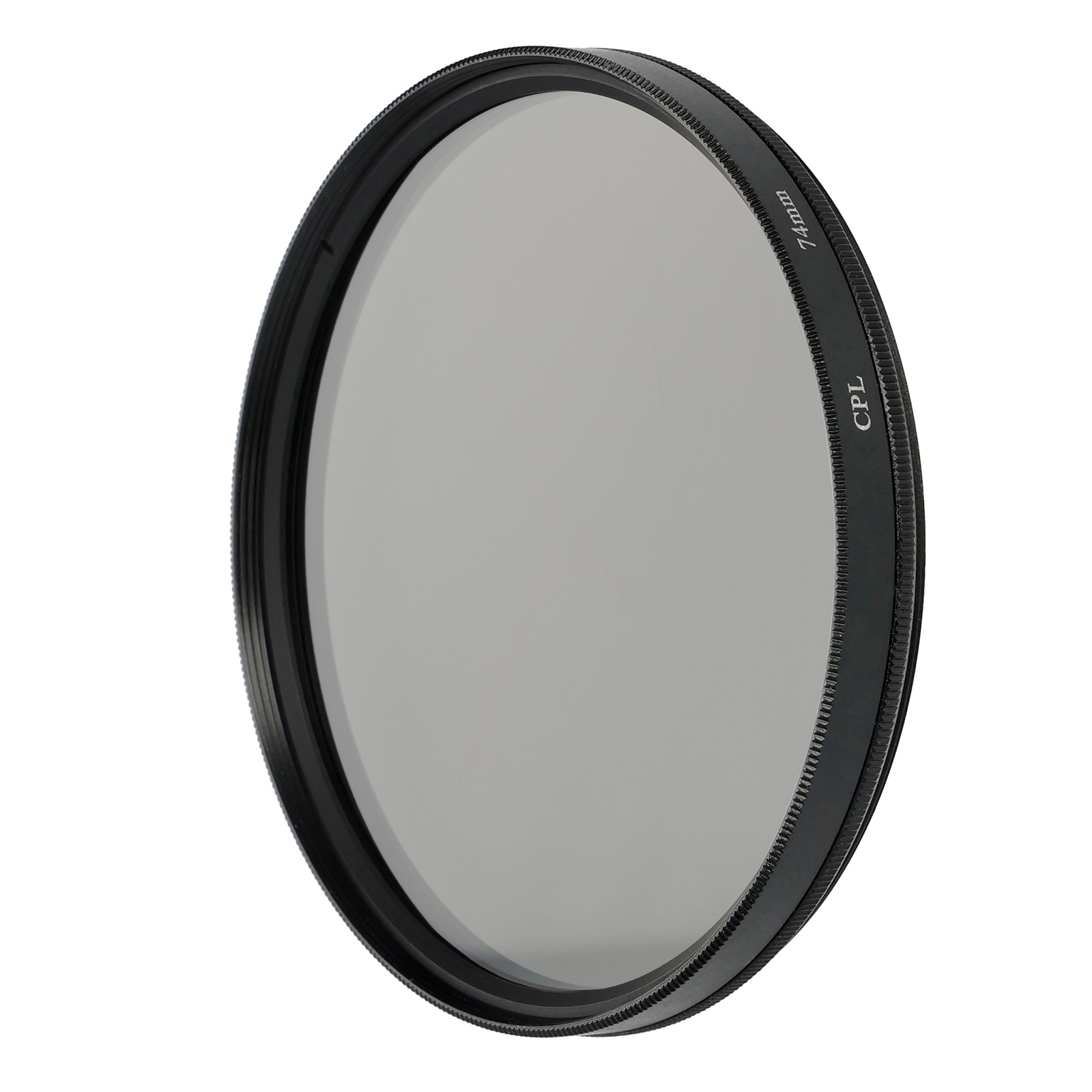 Ein zirkularer Polarisationsfilter mit schwarzem Rahmen, mit CPL und 77mm Text auf weißem Hintergrund.