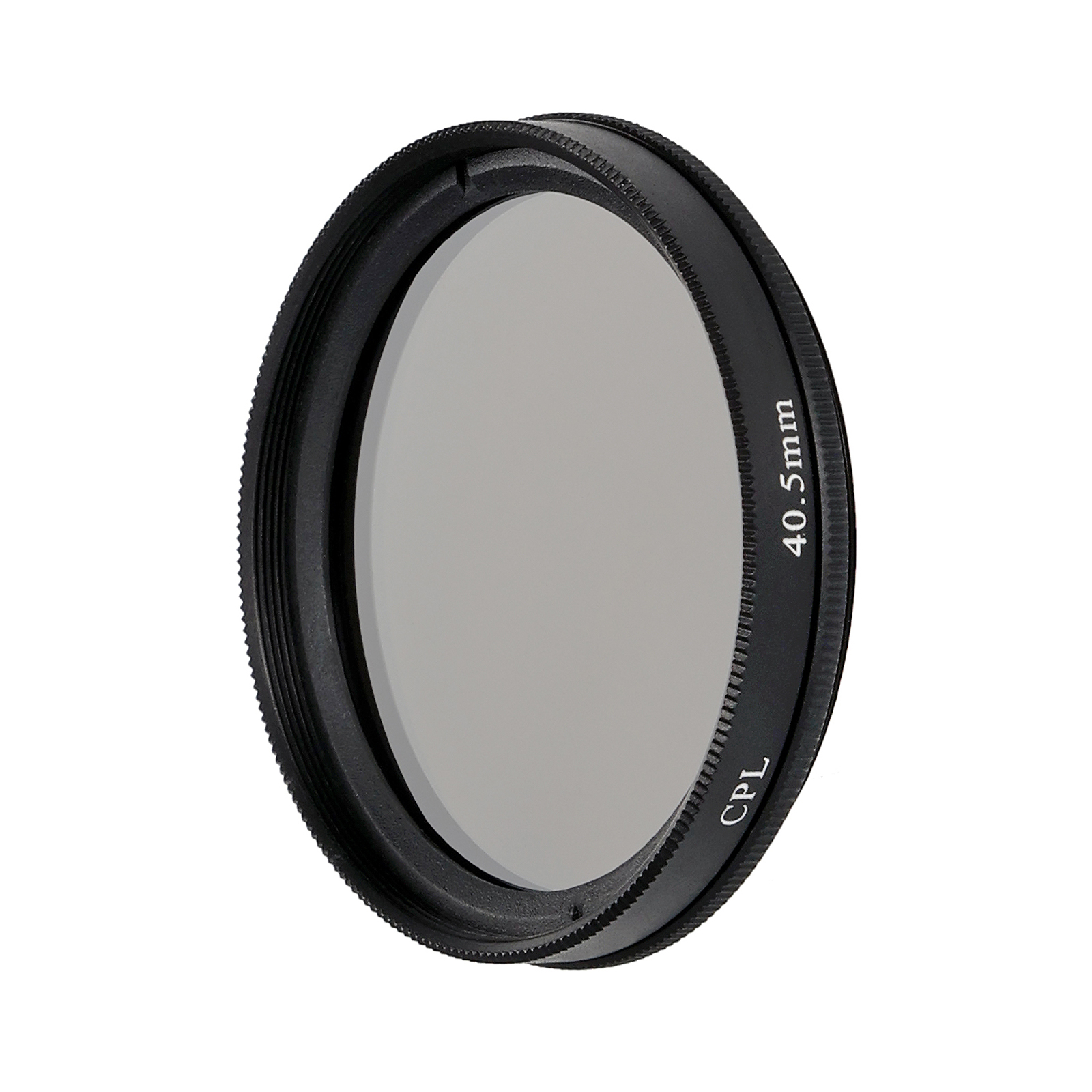 Ein kreisförmiger schwarzer Kamerafilter mit grauem Zentrum und dem Text '40,5 mm CPL' am Rand.