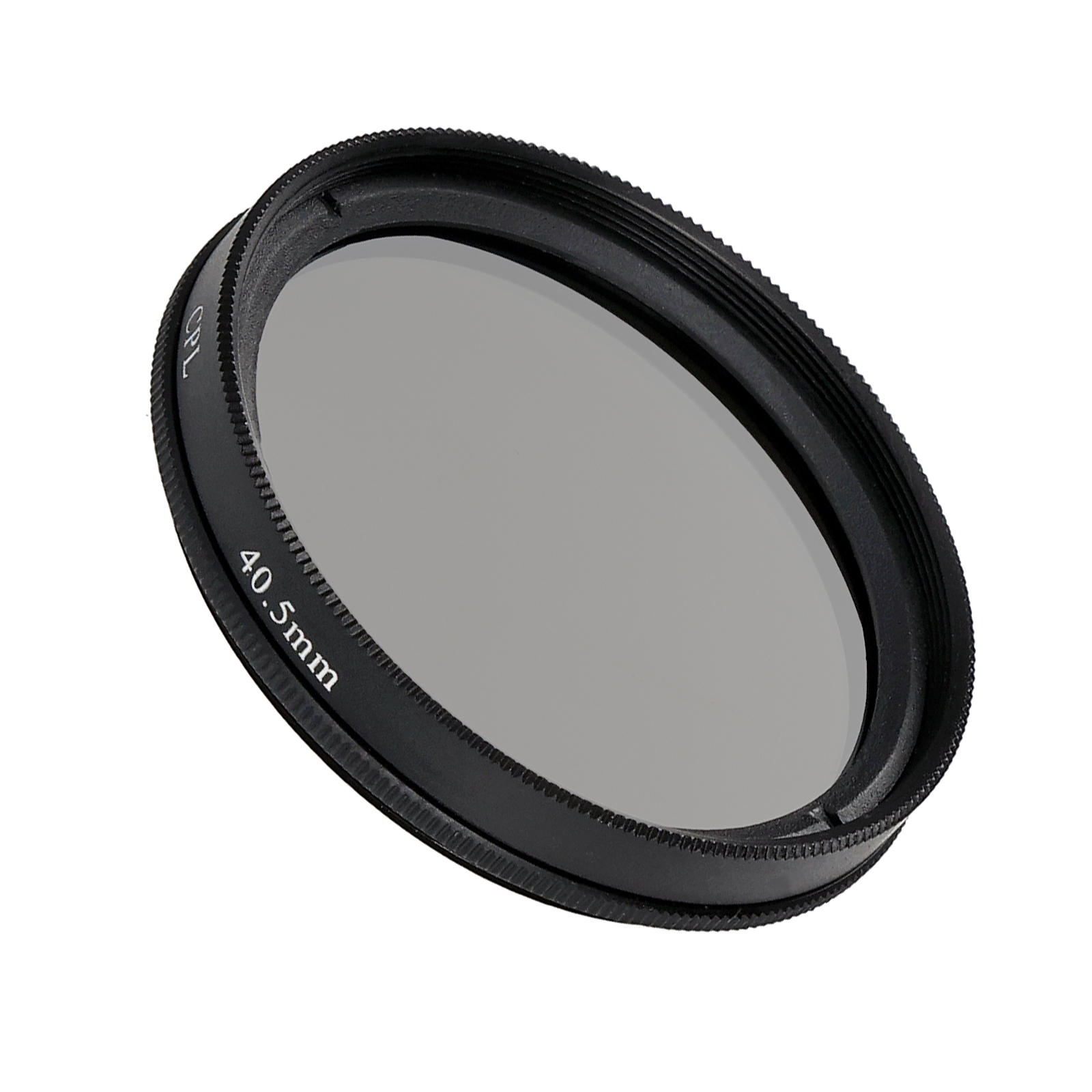 Schwarzer 40,5 mm Kamerafilter. Er hat einen geriffelten Außenrand und eine graue, transparente Mitte.
