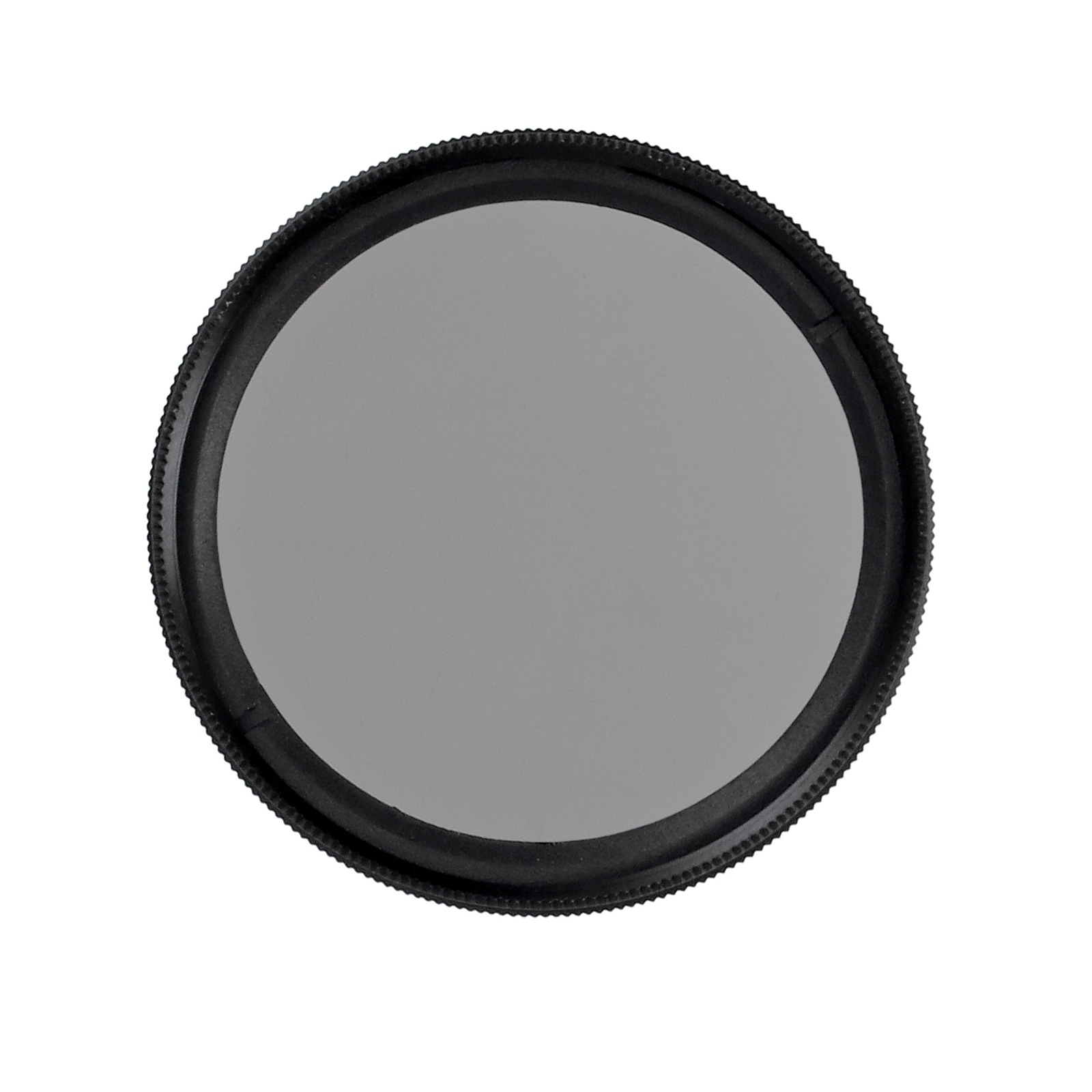Schwarzer kreisförmiger Filter mit grauem Glas. Der Ring hat Textur und ist beschriftet.