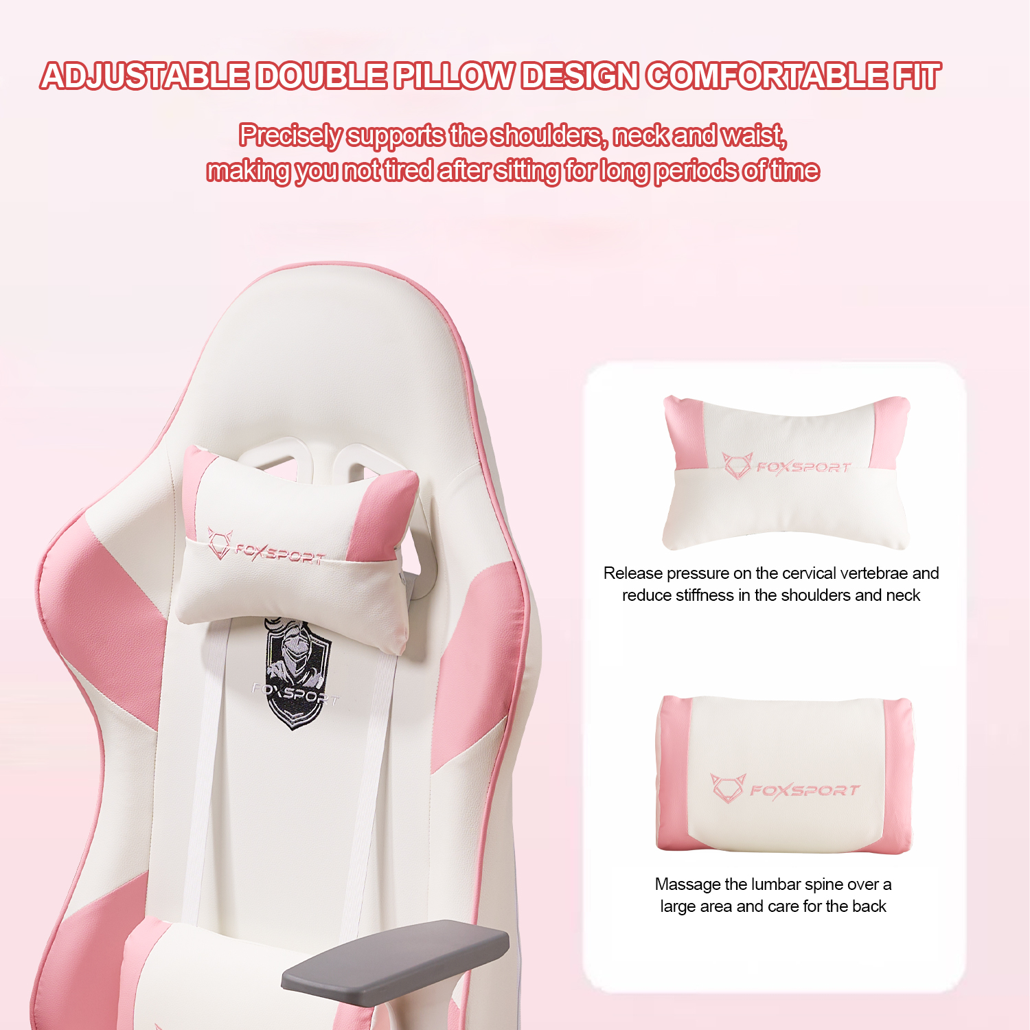 Weiß-rosa Gaming-Stuhl mit Kissen. Text: Verstellbares Doppel-Kissen-Design, komfortable Passform.