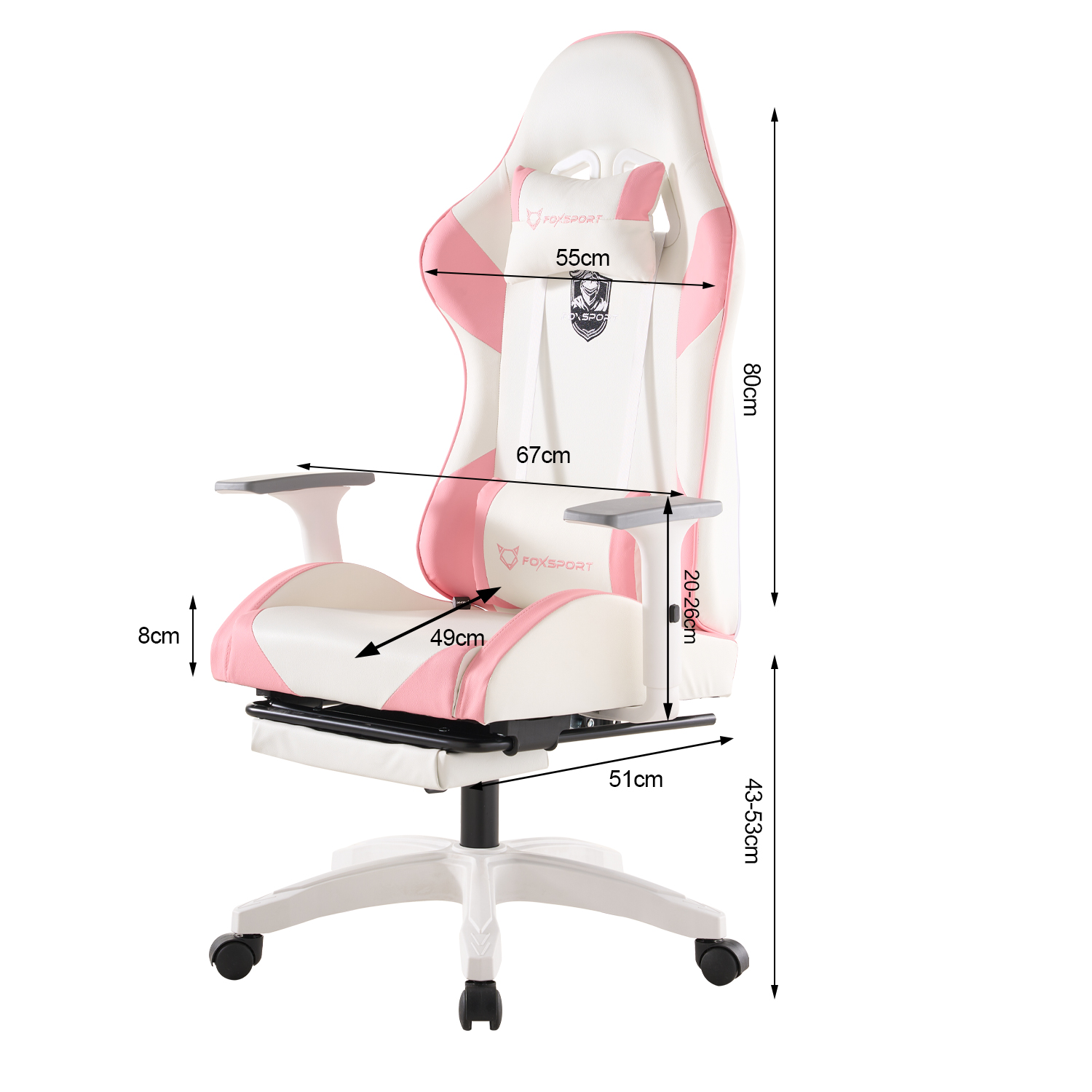 Rosa-weißer Gaming-Stuhl. Maße sind annotiert. Stuhl hat Armlehnen, Kopfstütze und Räder.