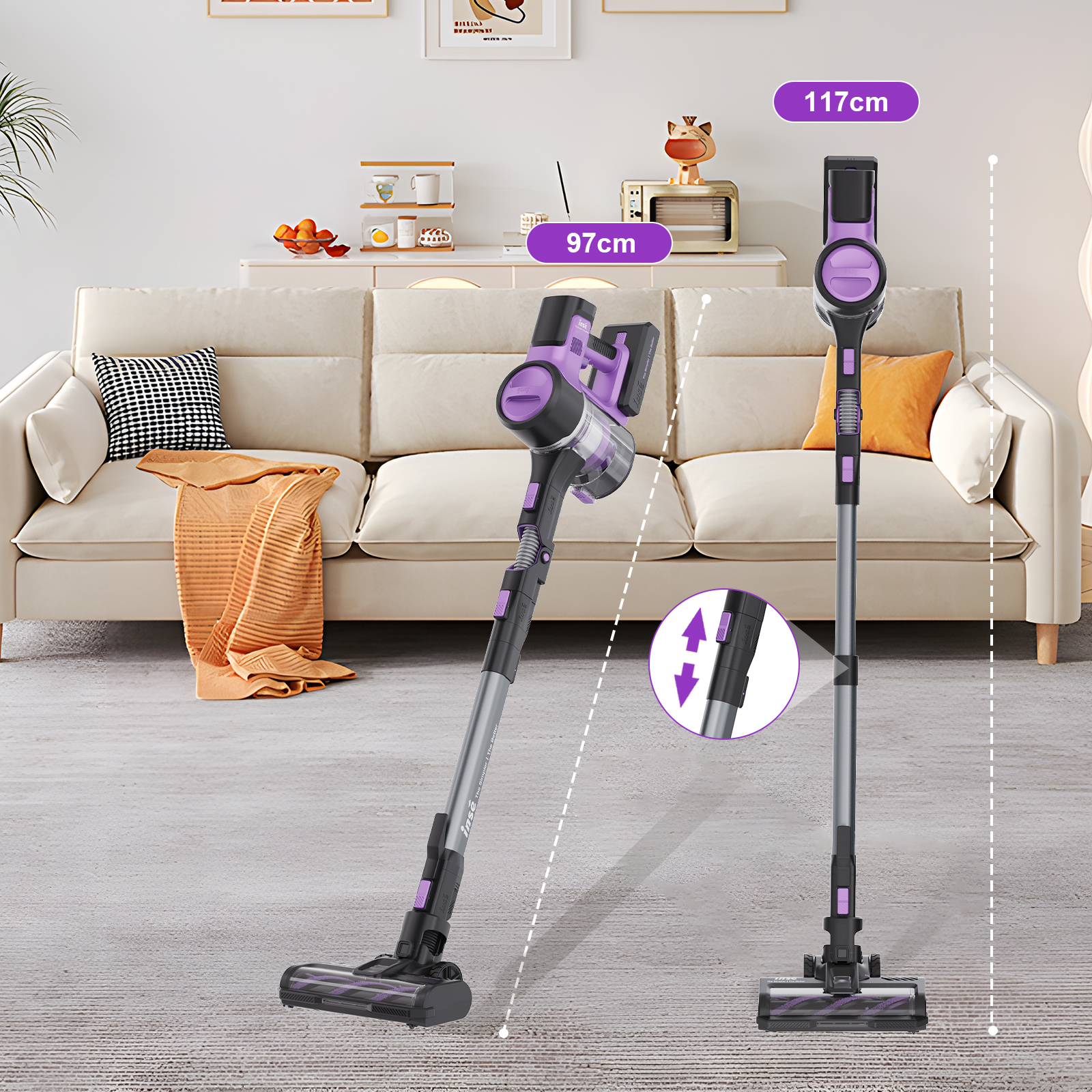 Bezprzewodowy odkurzacz, ze wskazaniem wymiarów wysokości i długości oraz szczegółu regulacji.