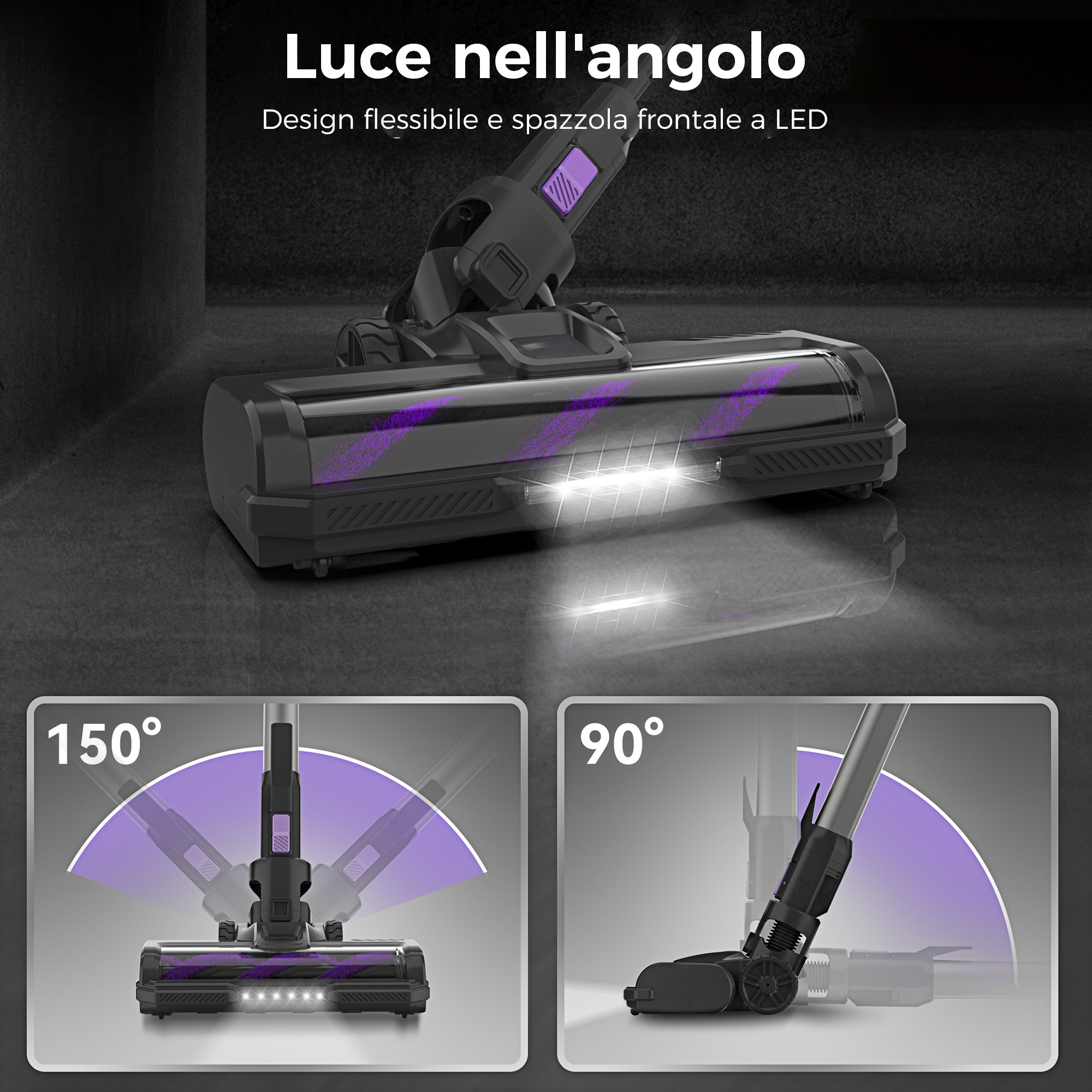 Aspirapolvere con luce LED sulla testina, mostra angoli.