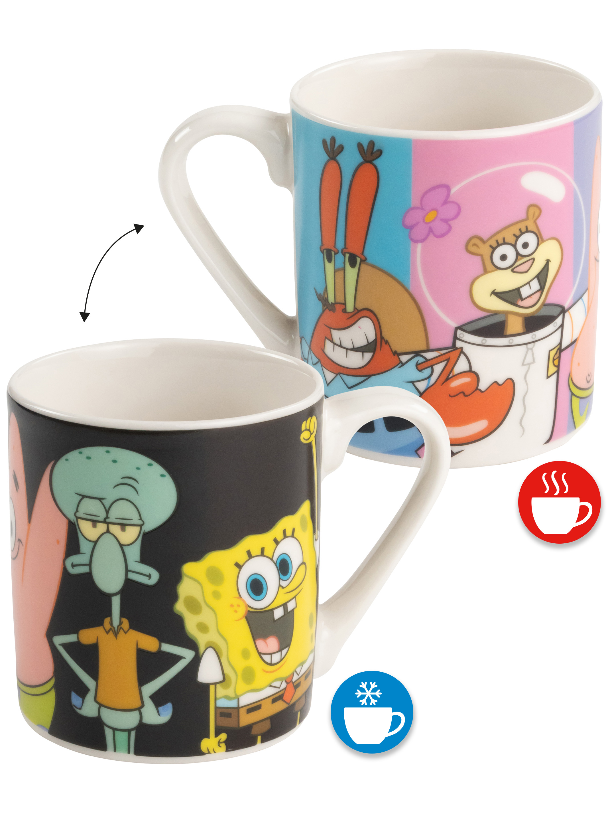 Zwei SpongeBob-Tassen. Eine hat SpongeBob, Patrick und Thaddäus. Die andere hat Mr. Krabs und Sandy.