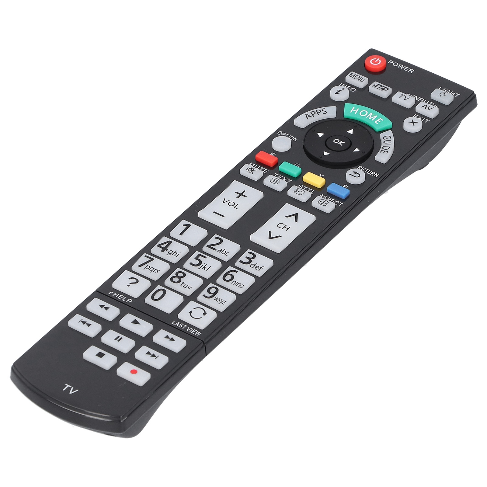 Eine schwarze TV-Fernbedienung mit vielen Tasten.