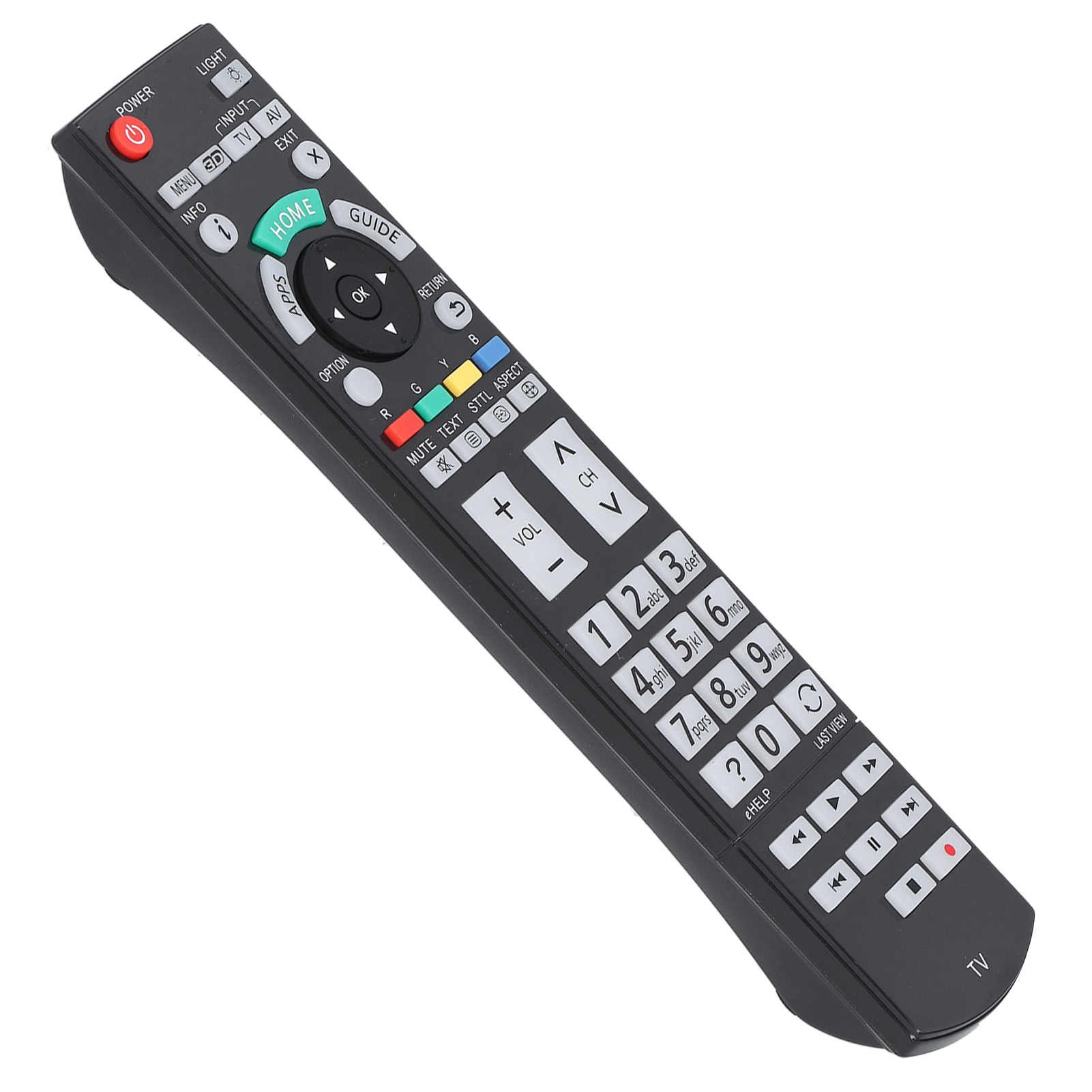 Schwarze TV-Fernbedienung mit vielen Tasten. Die Fernbedienung befindet sich auf weißem Hintergrund.