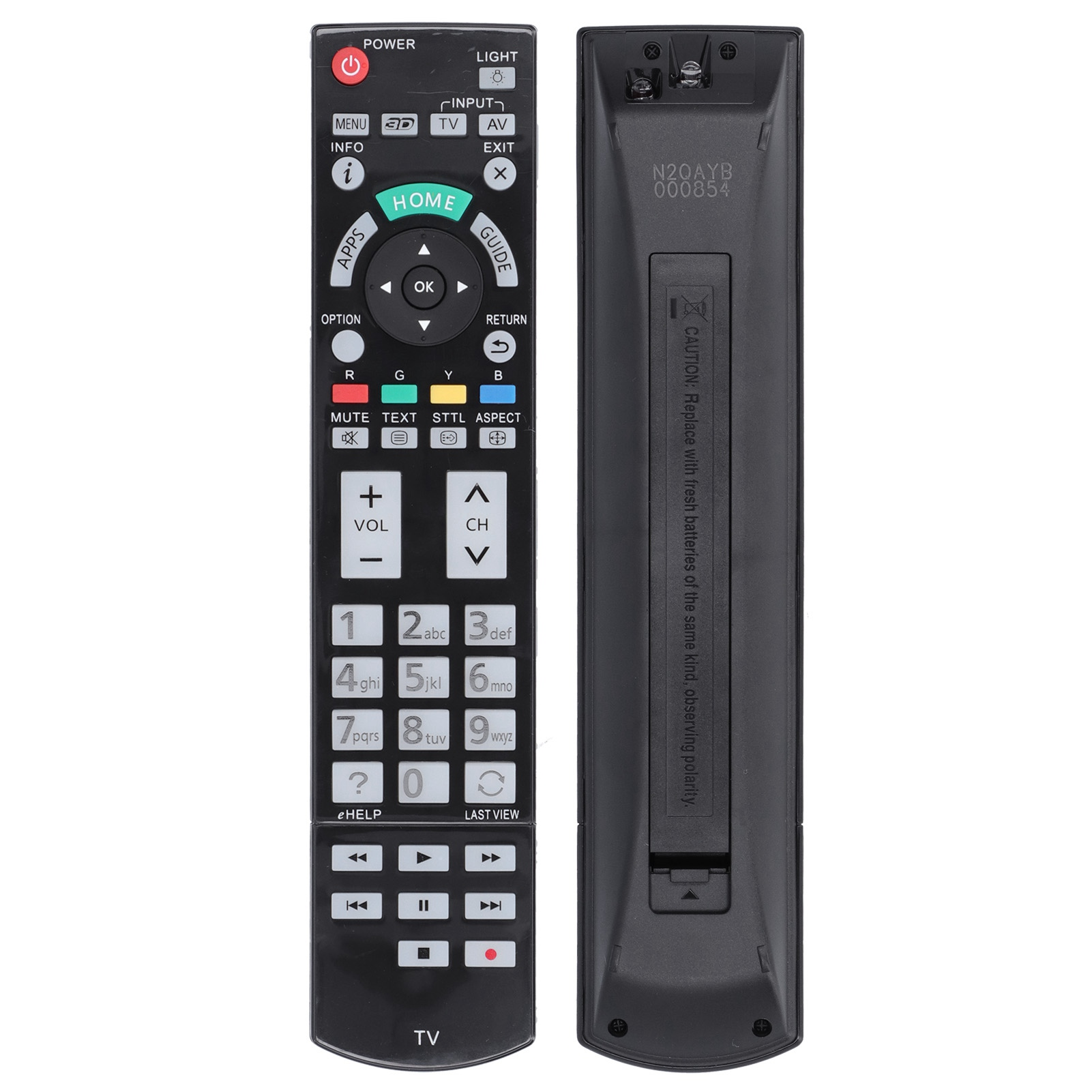 Zwei Seiten einer schwarzen TV-Fernbedienung. Auf einer Seite sind Tasten, auf der anderen ein Batteriefach.