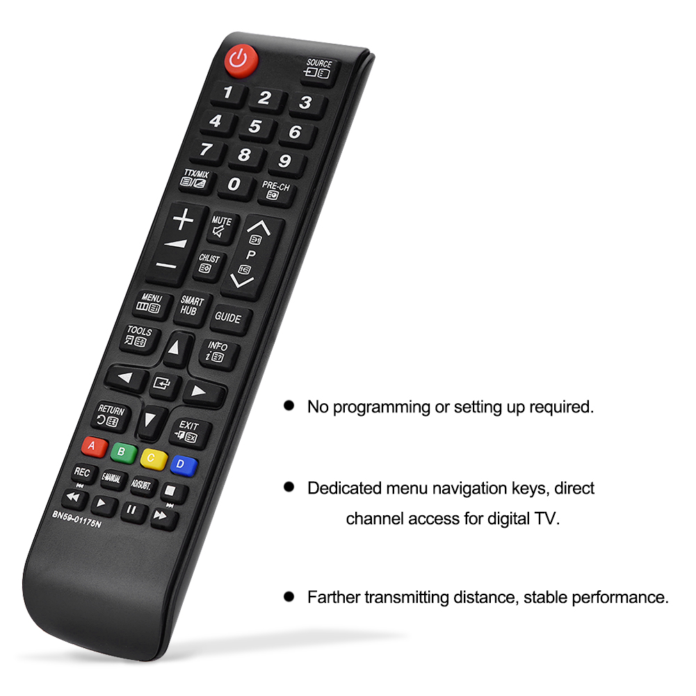 Schwarze TV-Fernbedienung mit vielen Tasten. Text: keine Einrichtung erforderlich, Menütasten.