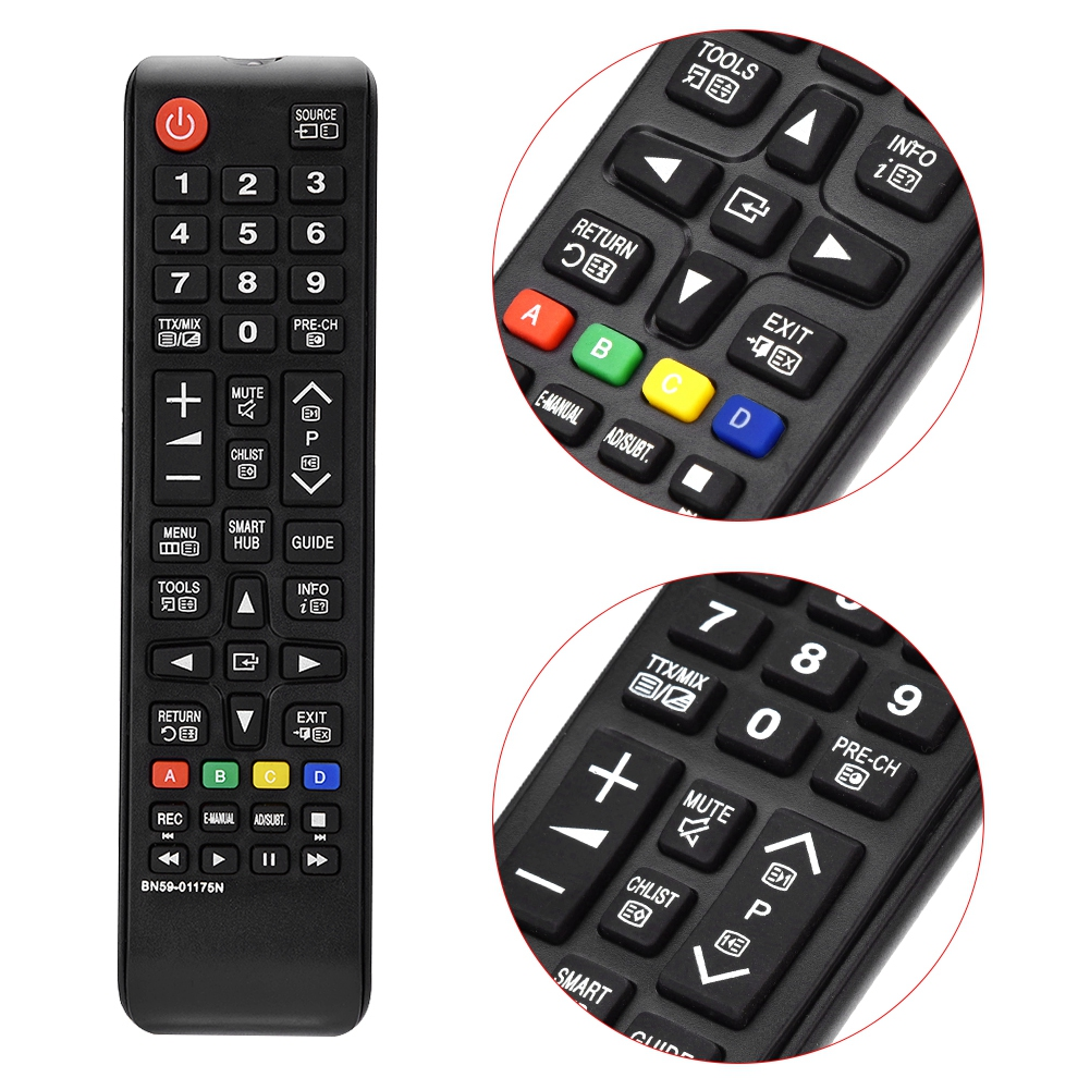 Nahaufnahme einer schwarzen TV-Fernbedienung. Knöpfe sind beschriftet und farbig.