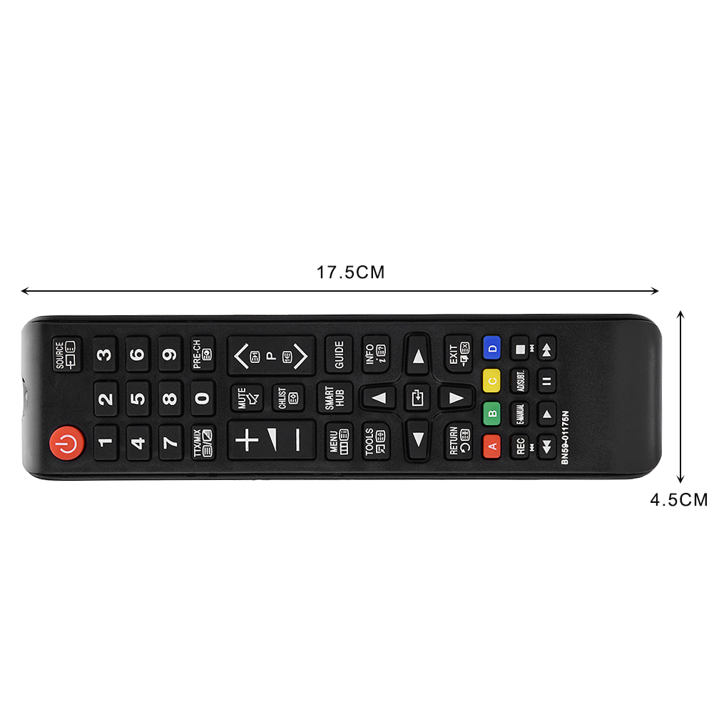 Schwarze TV-Fernbedienung auf weißem Hintergrund. Maße: 17,5 cm lang, 4,5 cm breit.