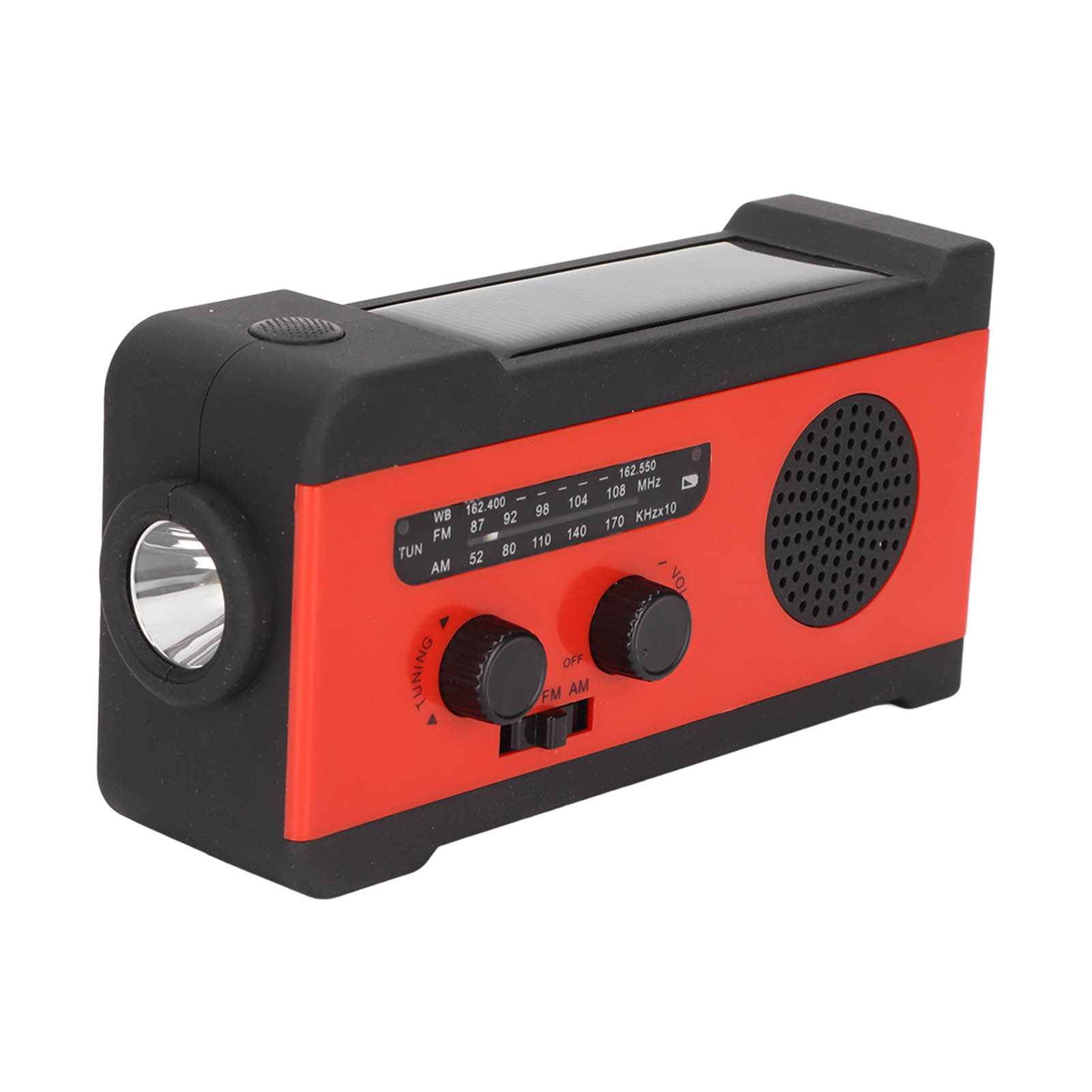 Ein rotes und schwarzes Radio mit Solarpanel, Drehreglern und einer Taschenlampe.