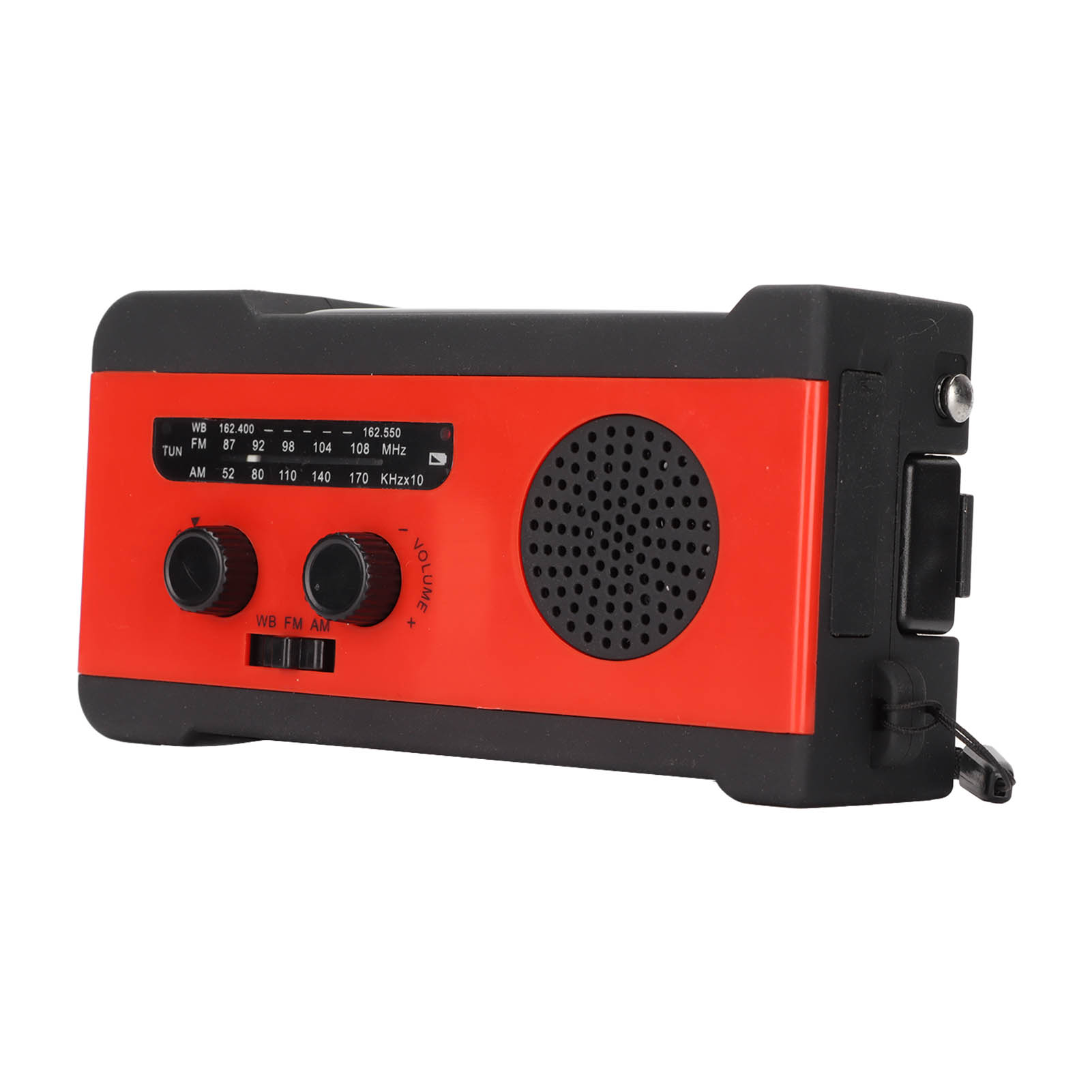 Rotes und schwarzes Radio mit Knöpfen, Tasten und Lautsprecher. Weißer Hintergrund.