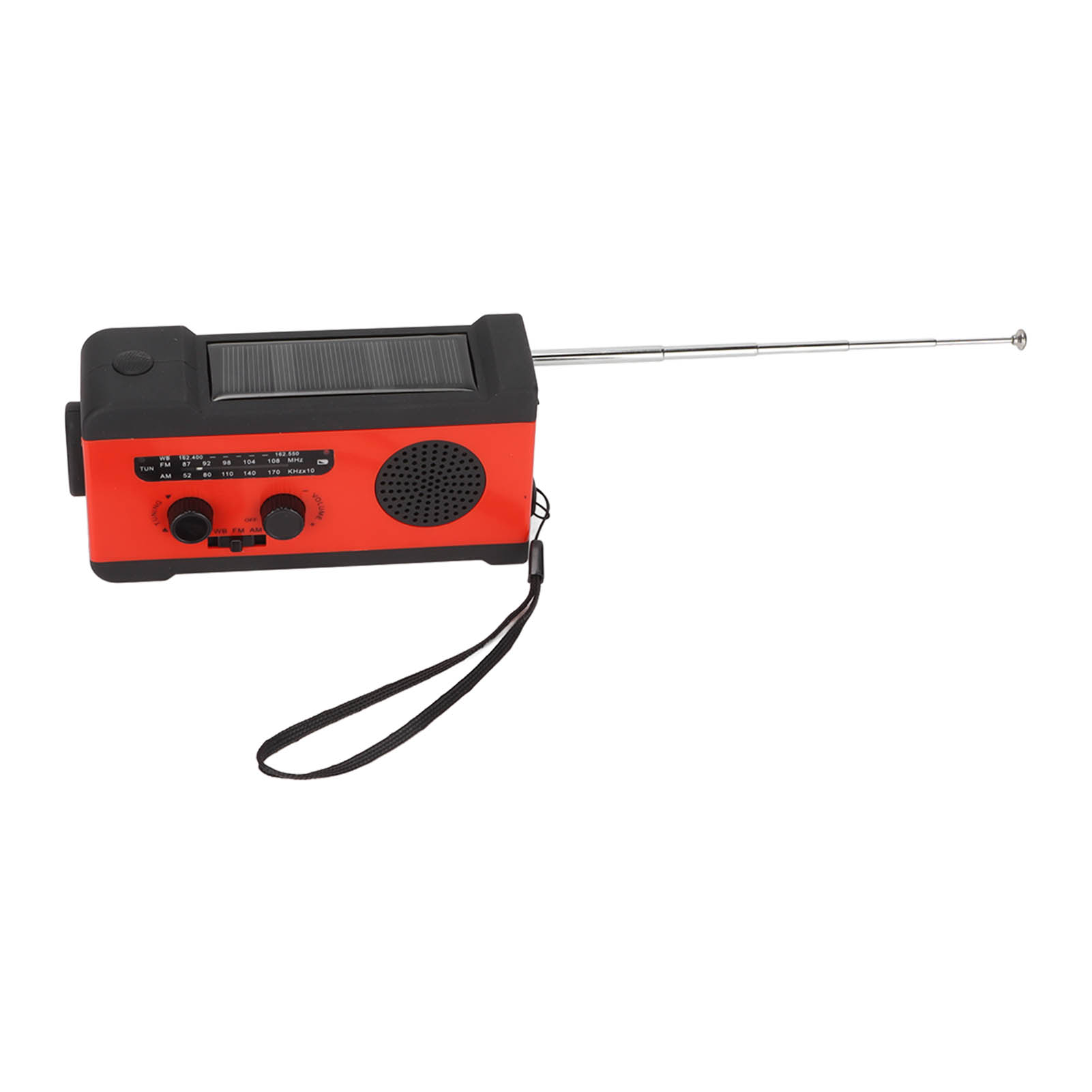 Rotes und schwarzes tragbares Radio. Ein schwarzer Riemen ist befestigt. Solarpanel.