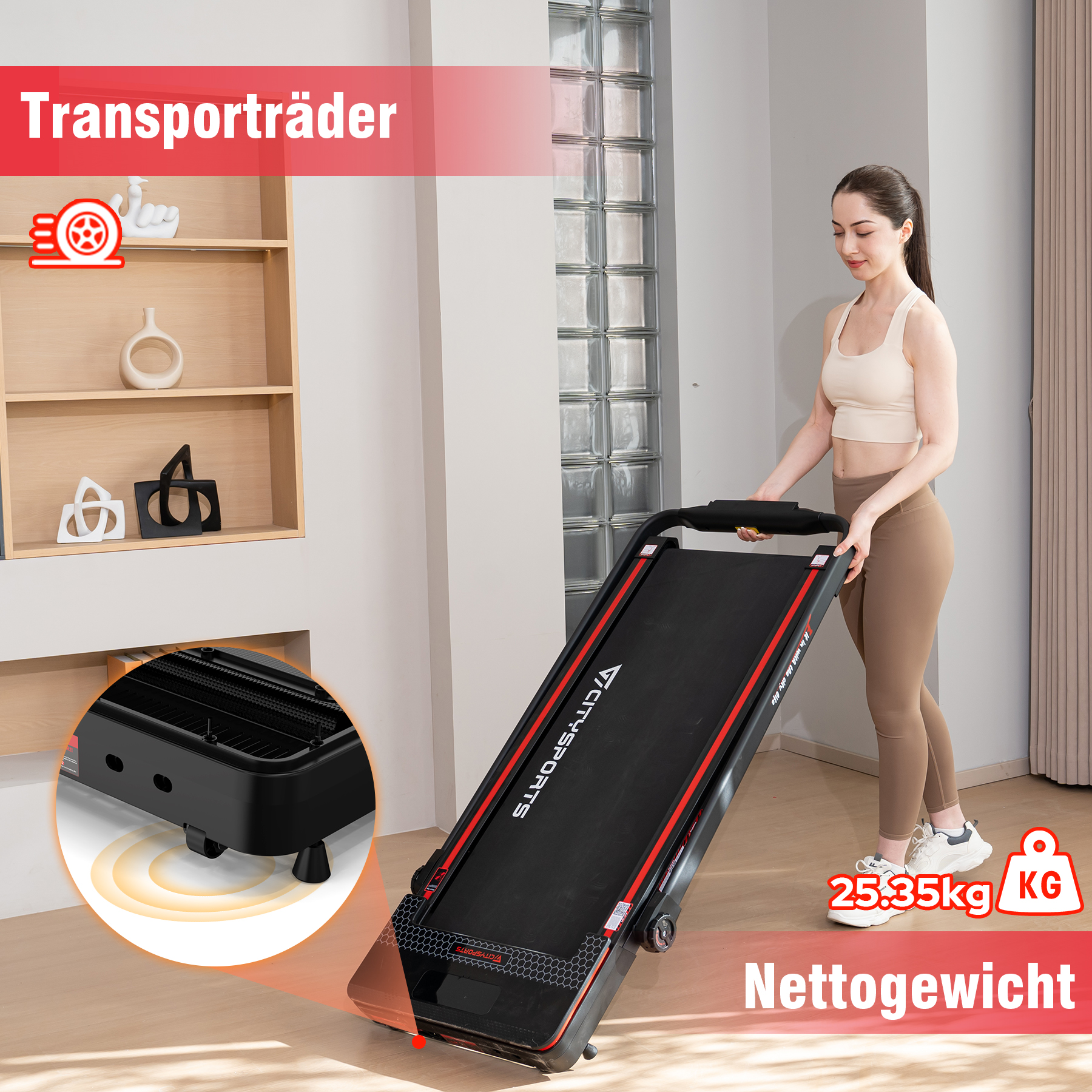 Frau benutzt ein zusammenklappbares Laufband; das Laufband ist schwarz mit roten Akzenten.
