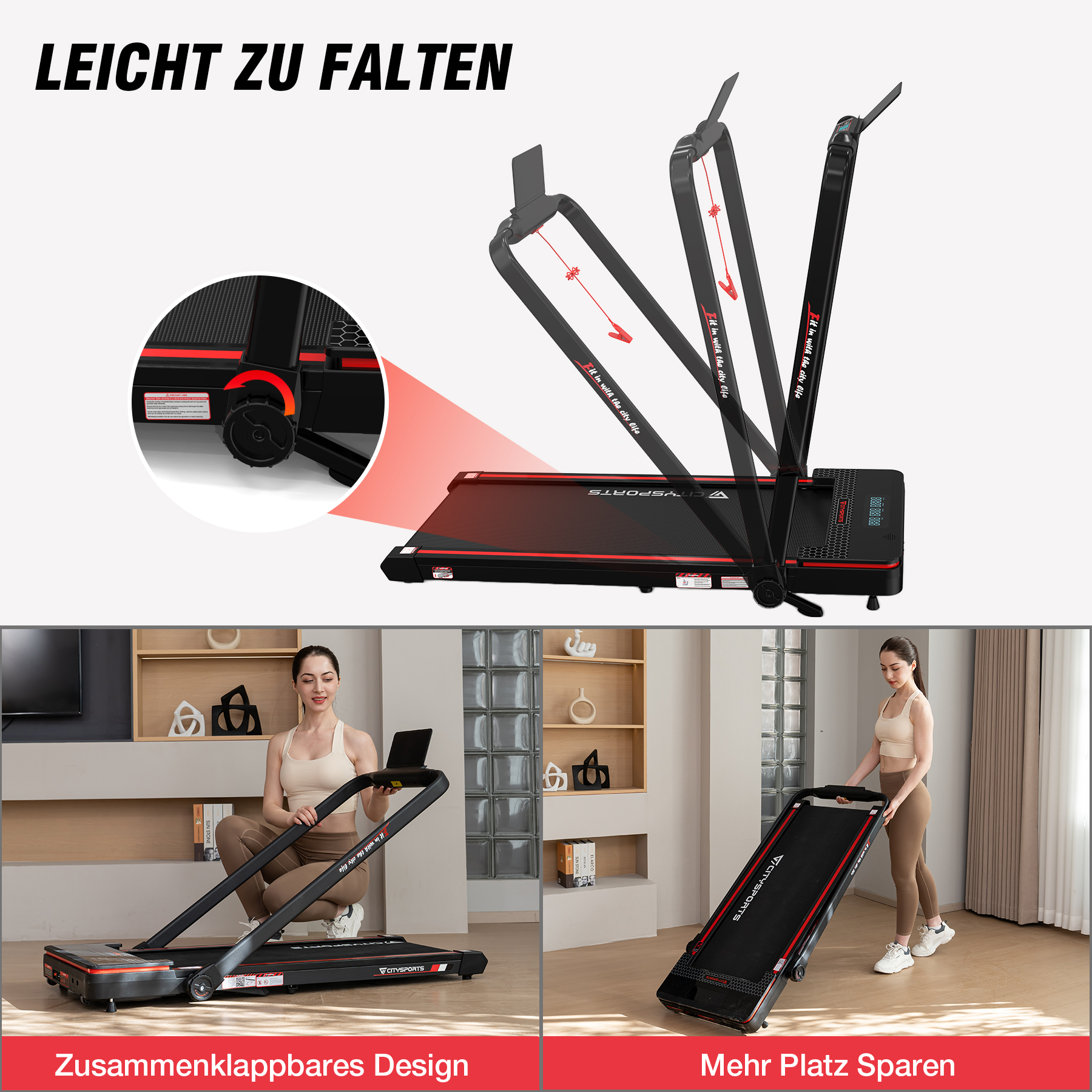 Ein zusammenklappbares Laufband, das Faltvorgänge und zwei Personen zeigt.