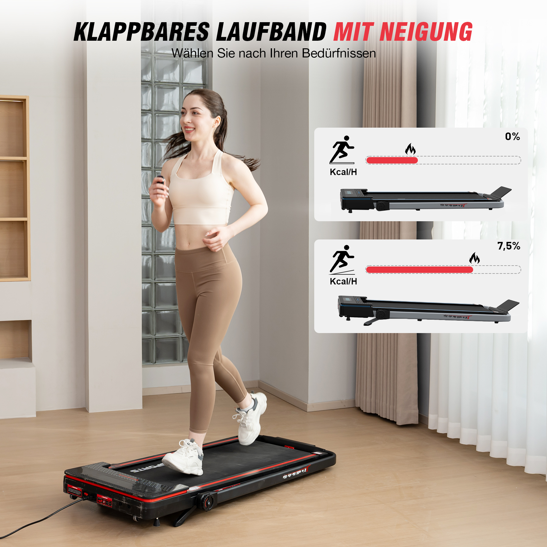 Frau läuft auf einem Laufband, mit zwei Laufbandoptionen, die unterschiedliche Steigungen zeigen.